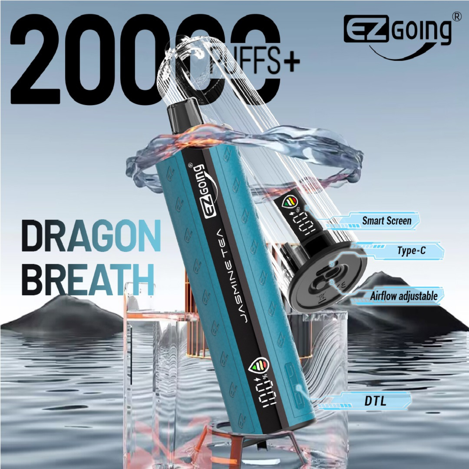 EZ GOING DTL Shisha Hookah 20000 Puffs Adjustable Airflow Disposable Vape 0.5% 5mg NIC