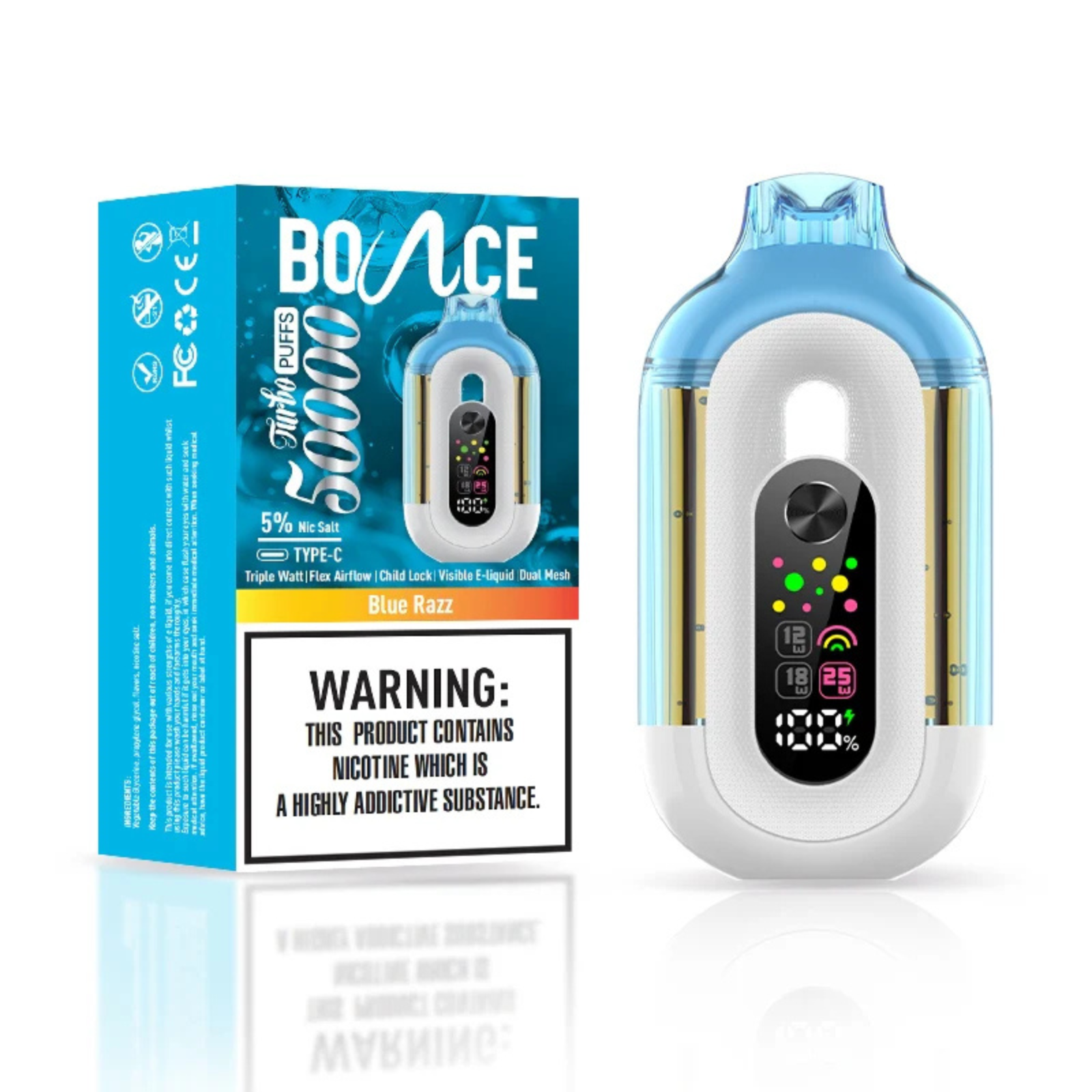 Bounce Turbo 50000 Puffs Triple Wattage & LED Display Disposable Vape 5% 50mg NIC