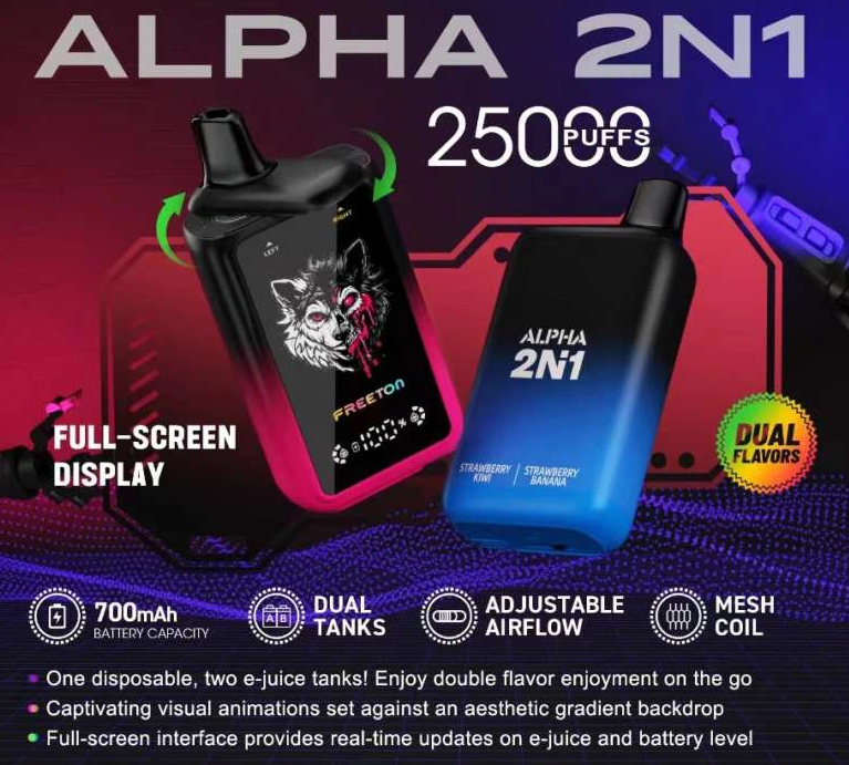 Freeton Alpha 2 Flavors in 1 Dual Flavor 25000 Puffs Disposable Vape 2% 20mg 5% 50mg Nic