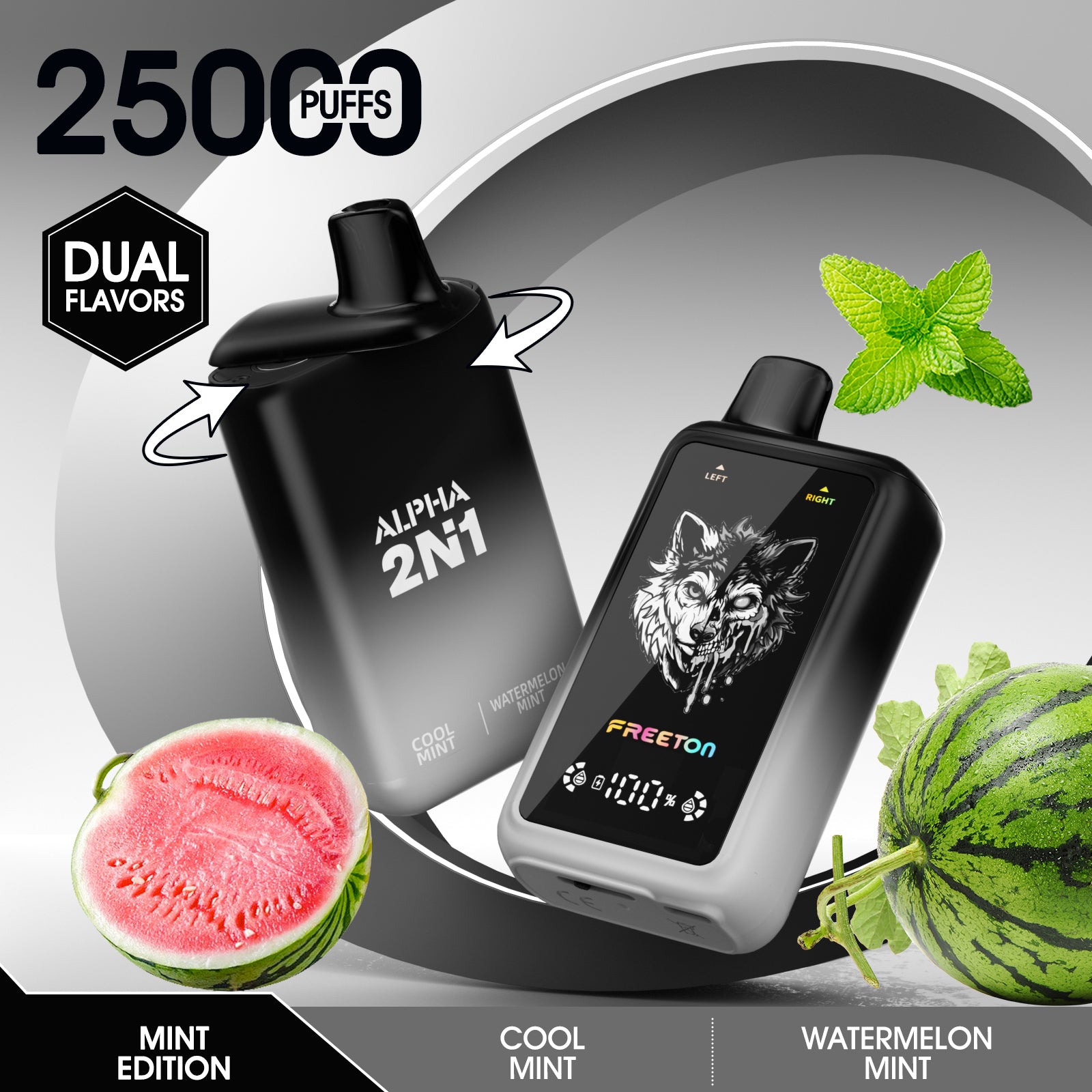 Freeton Alpha 2 Flavors in 1 Dual Flavor 25000 Puffs Disposable Vape 2% 20mg 5% 50mg Nic