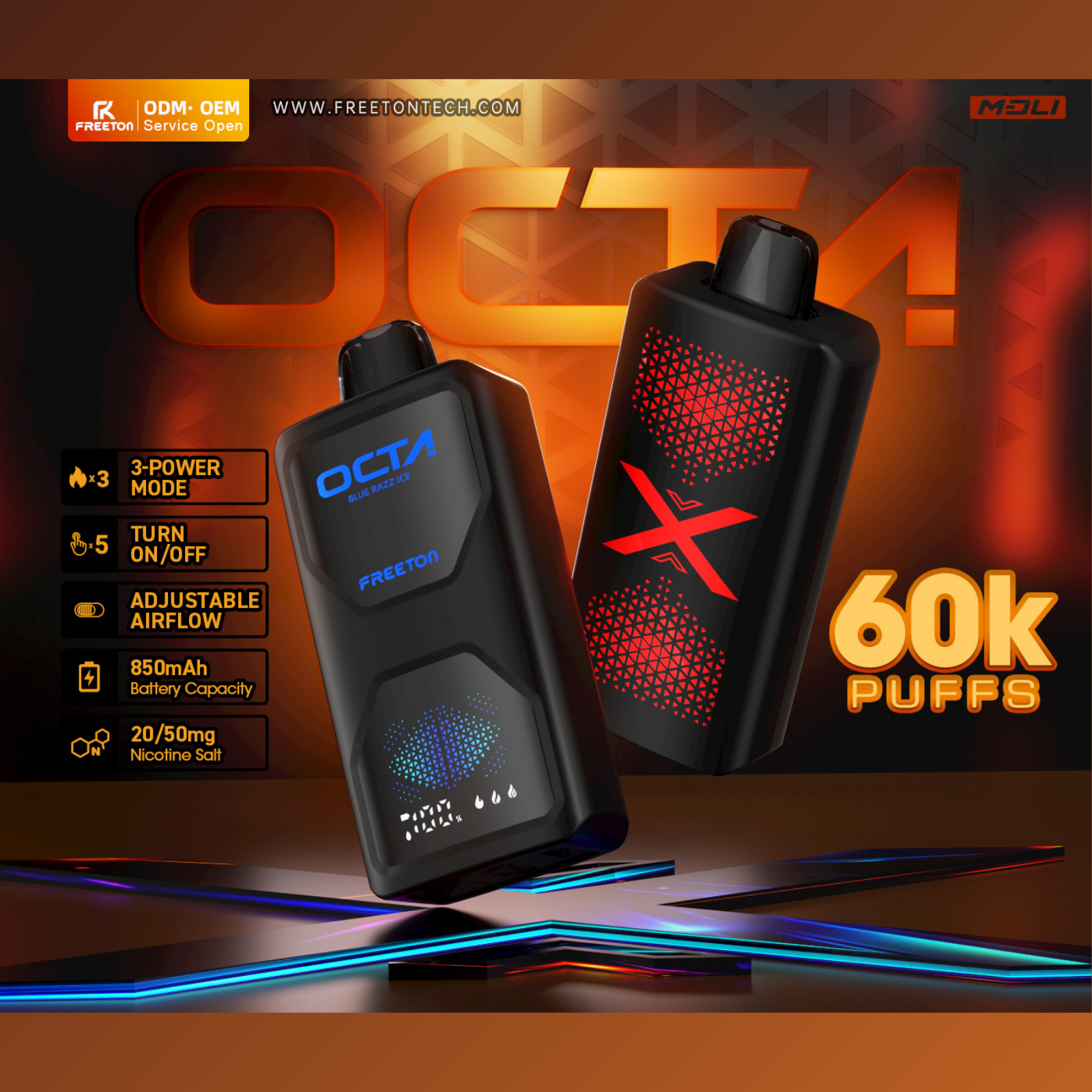 Freeton OCTA 60000 Puffs, 3 Power Modes, LED Display Disposable Vape 2% 20mg and 5% 50mg NIC