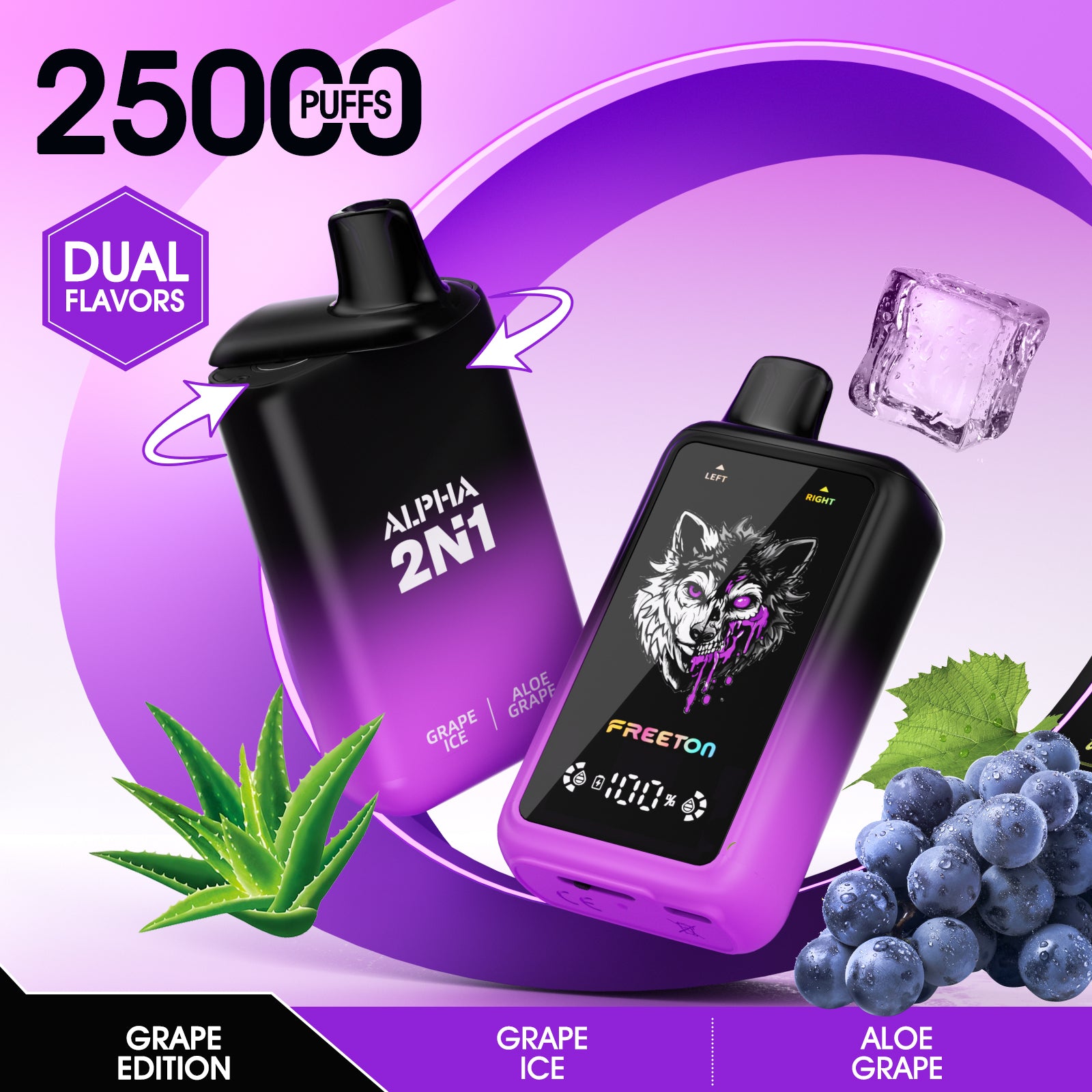 Freeton Alpha 2 Flavors in 1 Dual Flavor 25000 Puffs Disposable Vape 2% 20mg 5% 50mg Nic