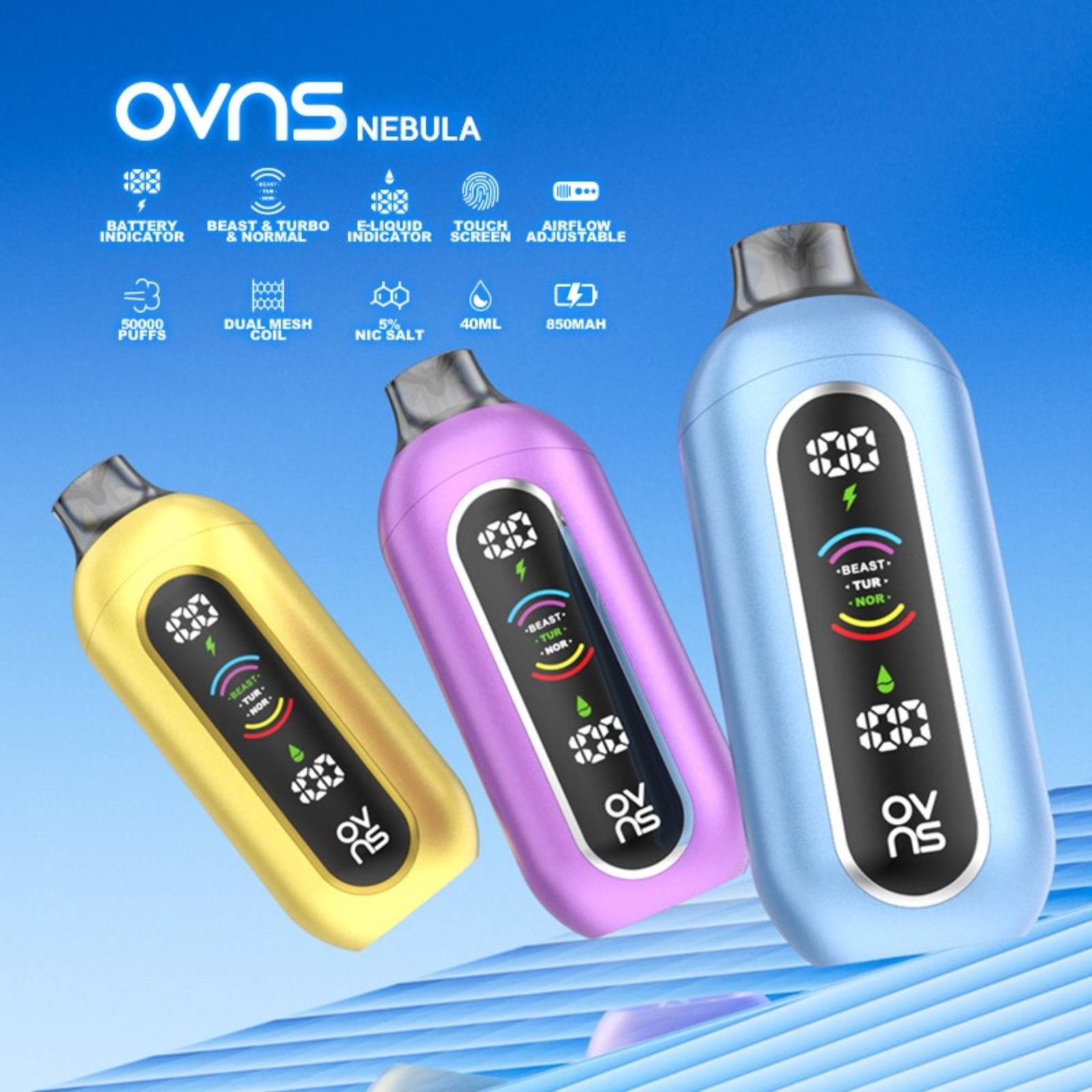 OVNS NEBULA 50000 Puffs 3 Modes, Touch Screen, Adjustable Airflow Disposable Vape 5% 50mg Nic