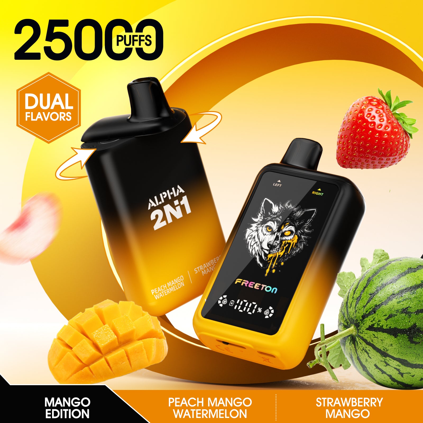 Freeton Alpha 2 Flavors in 1 Dual Flavor 25000 Puffs Disposable Vape 2% 20mg 5% 50mg Nic