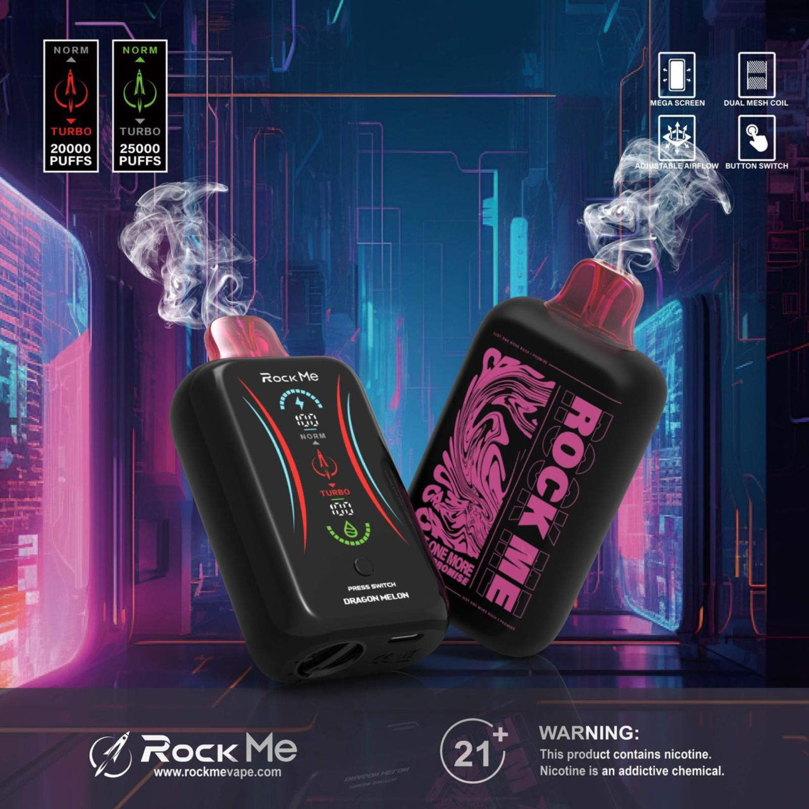 Rock Me 25000 Puffs Disposable Vape Dual Mesh Coil, Airflow Control
