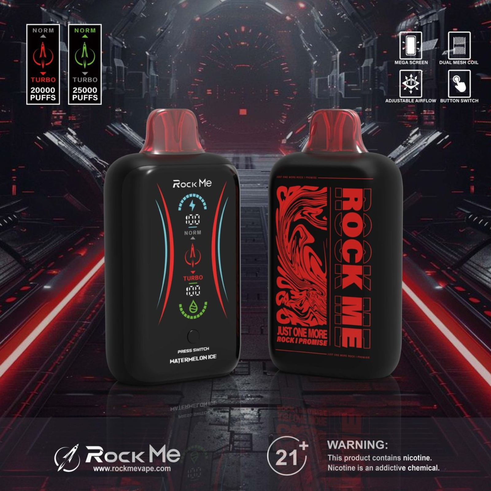 Rock Me 25000 Puffs Disposable Vape Dual Mesh Coil, Airflow Control