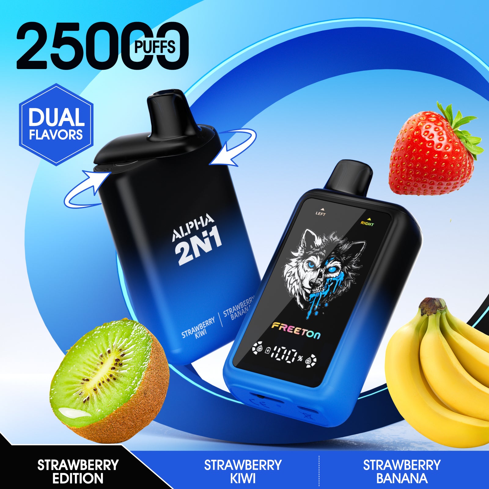 Freeton Alpha 2 Flavors in 1 Dual Flavor 25000 Puffs Disposable Vape 2% 20mg 5% 50mg Nic