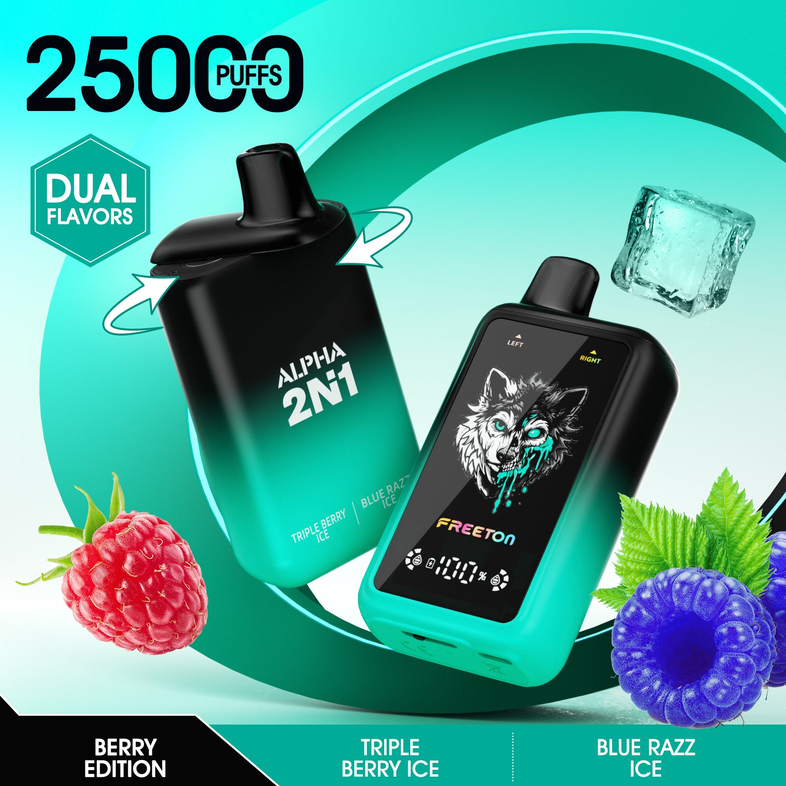 Freeton Alpha 2 Flavors in 1 Dual Flavor 25000 Puffs Disposable Vape 2% 20mg 5% 50mg Nic