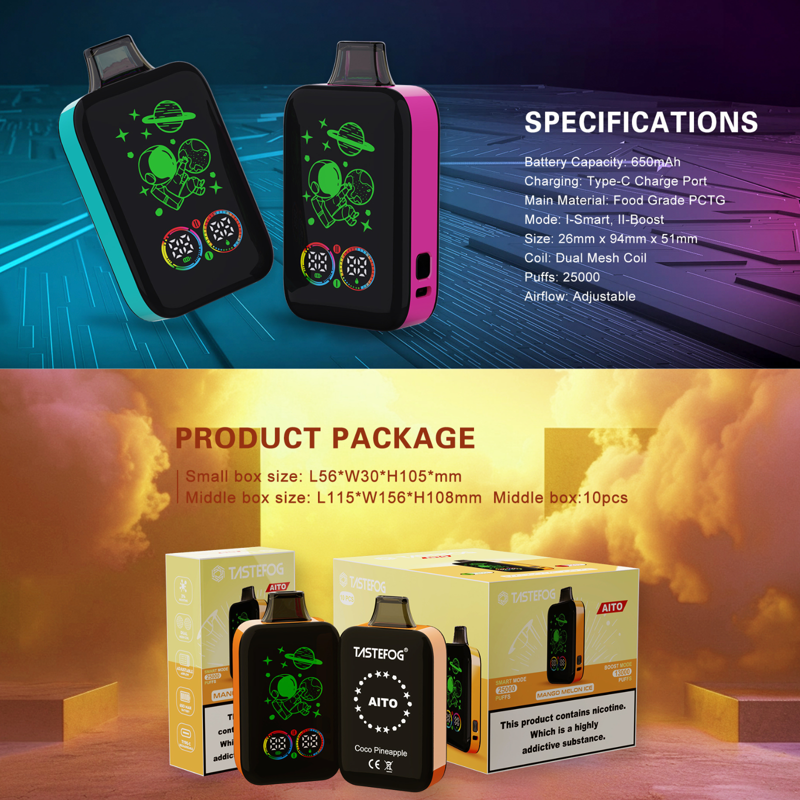 Tastefog AITO 25000 Puffs Smart & Boost Mode Disposable Vape 2% 20mg NIC