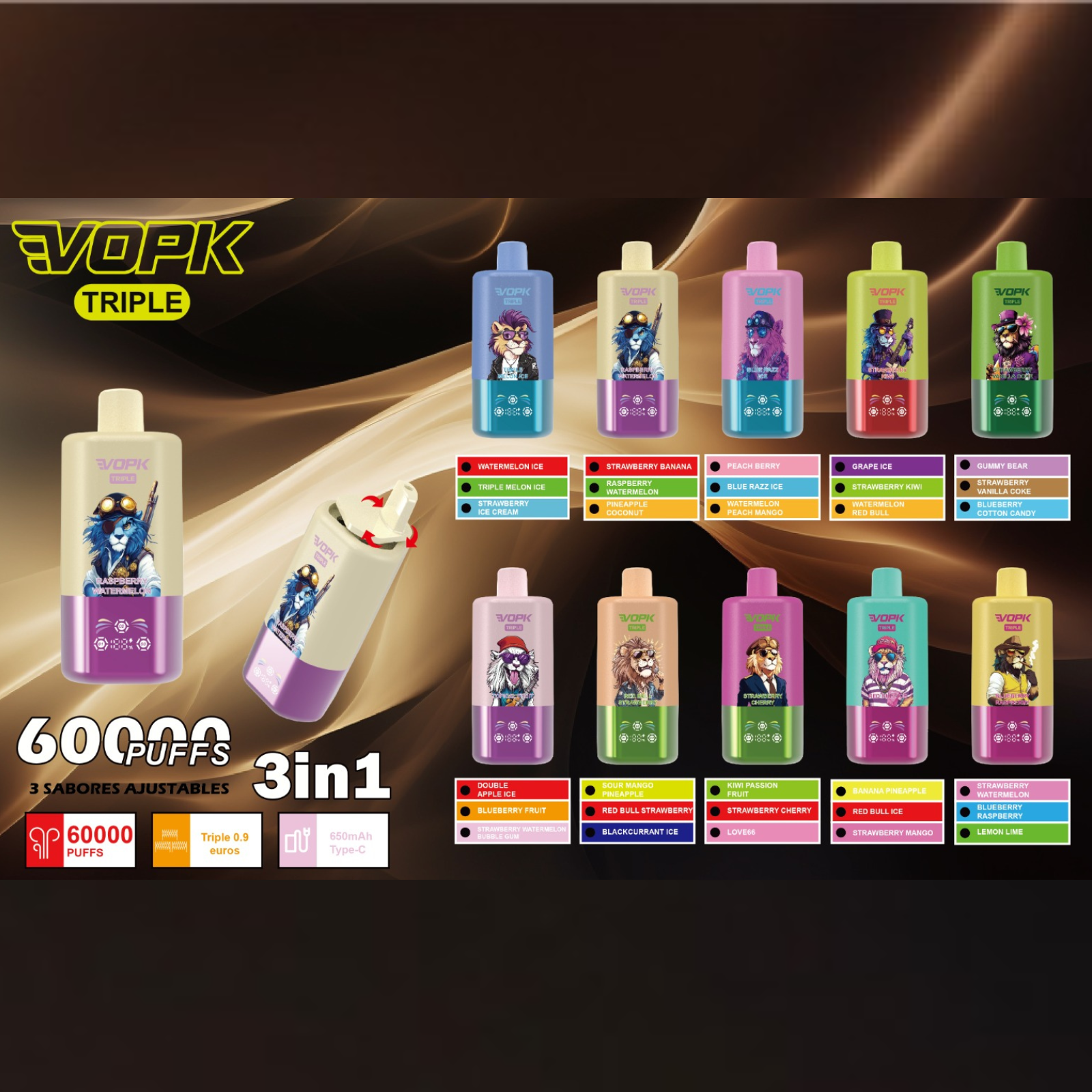 VOPK ULTRA 3 Flavors in 1 60000 Puffs Disposable Vape 5% 50mg NIC