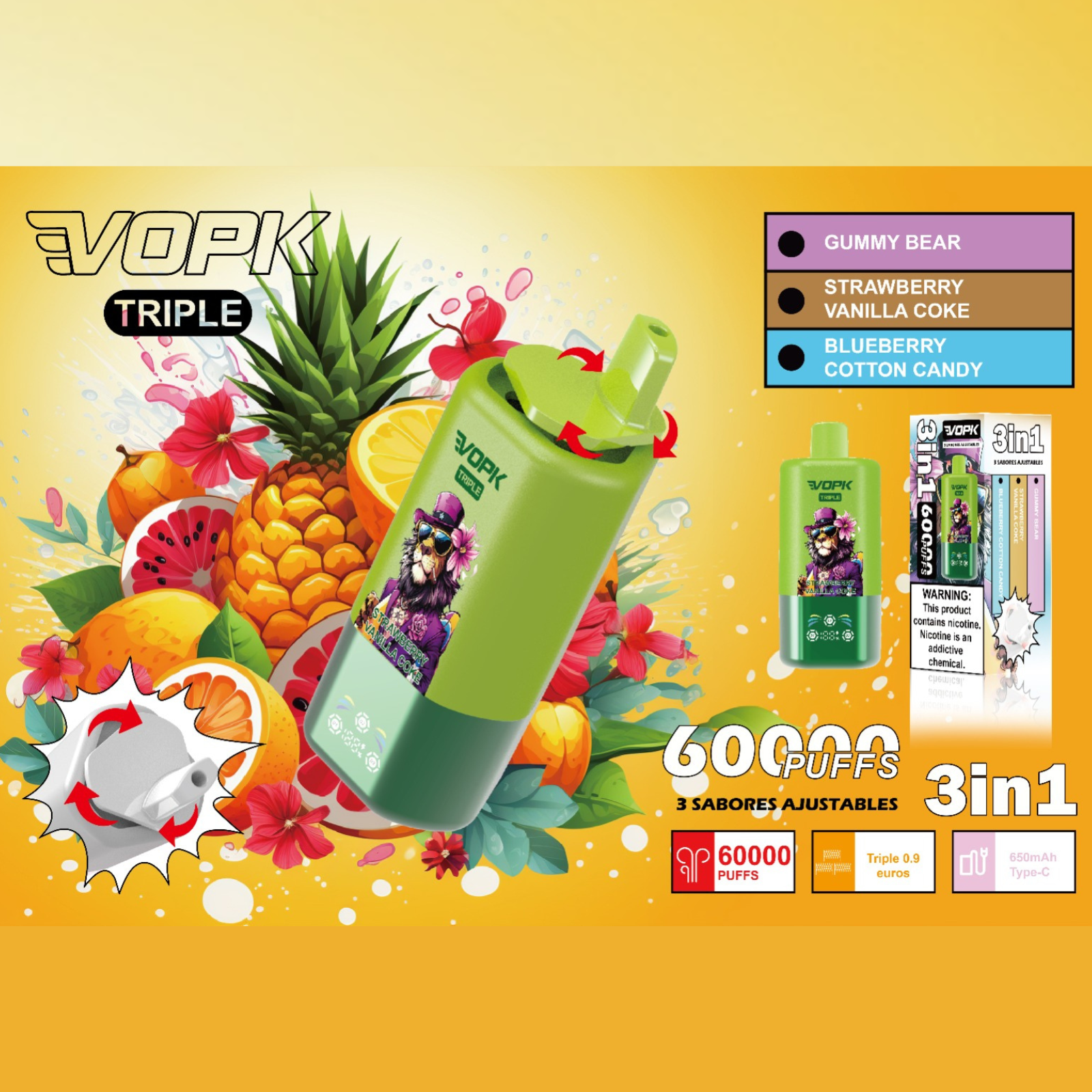 VOPK ULTRA 3 Flavors in 1 60000 Puffs Disposable Vape 5% 50mg NIC