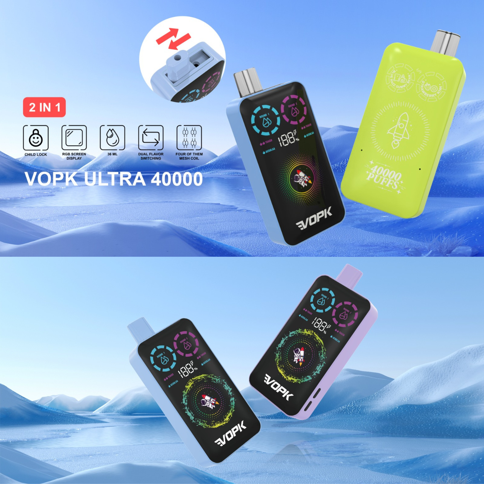 VOPK ULTRA 40000 Puffs Dual Flavors RGB Screen Display Disposable Vape 2% 20mg 5% 50mg NIC