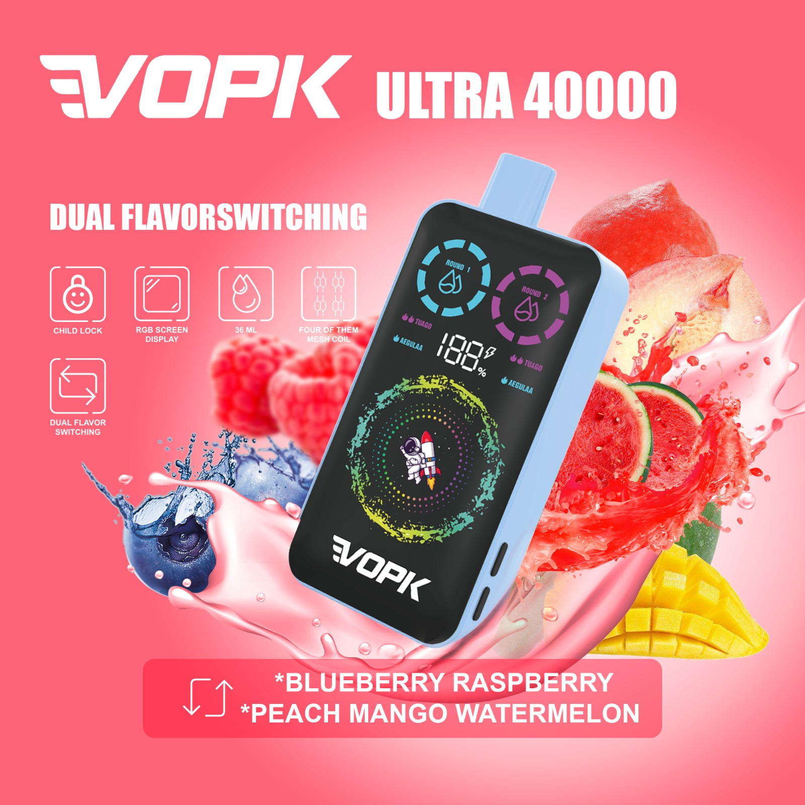 VOPK ULTRA 40000 Puffs Dual Flavors RGB Screen Display Disposable Vape 2% 20mg 5% 50mg NIC