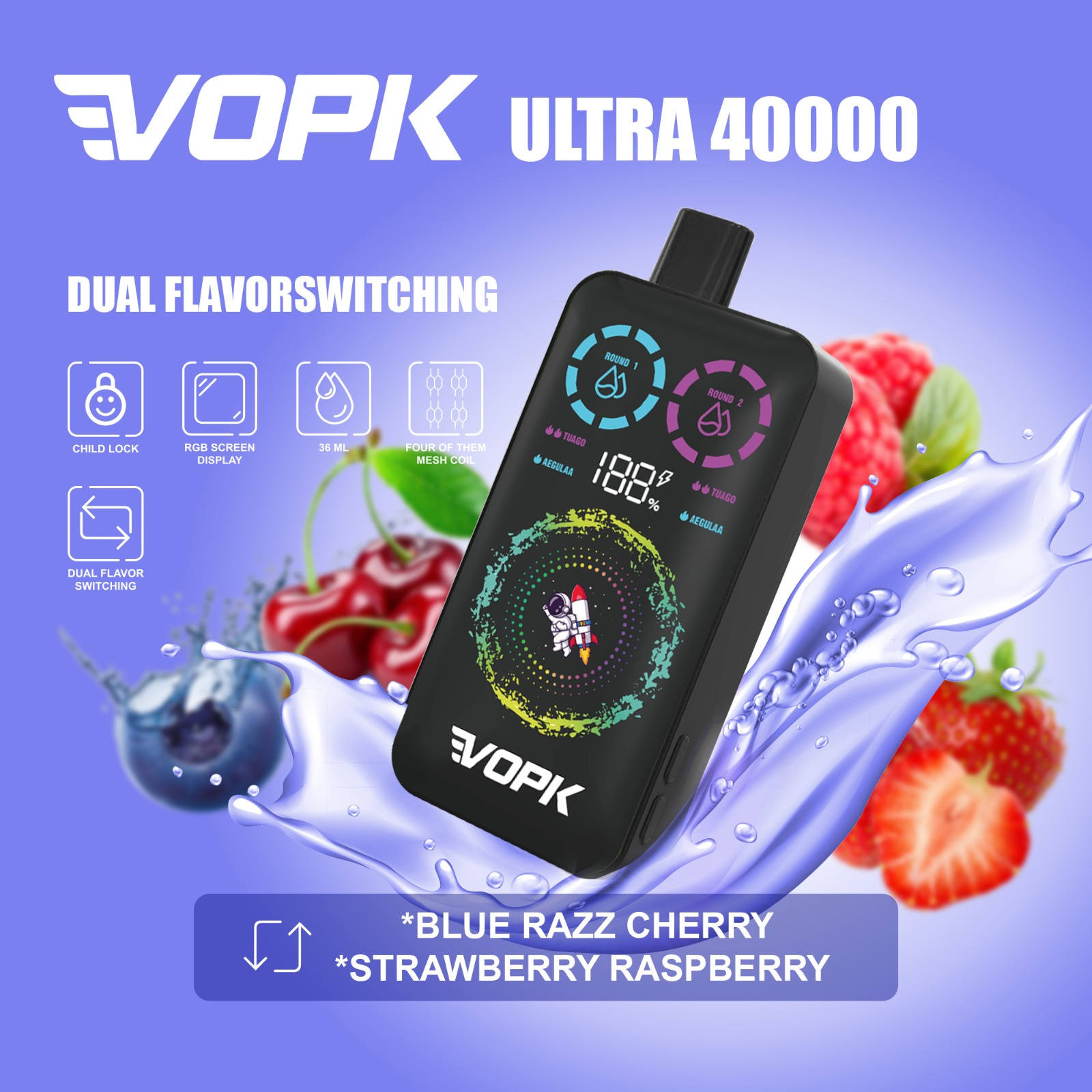 VOPK ULTRA 40000 Puffs Dual Flavors RGB Screen Display Disposable Vape 2% 20mg 5% 50mg NIC