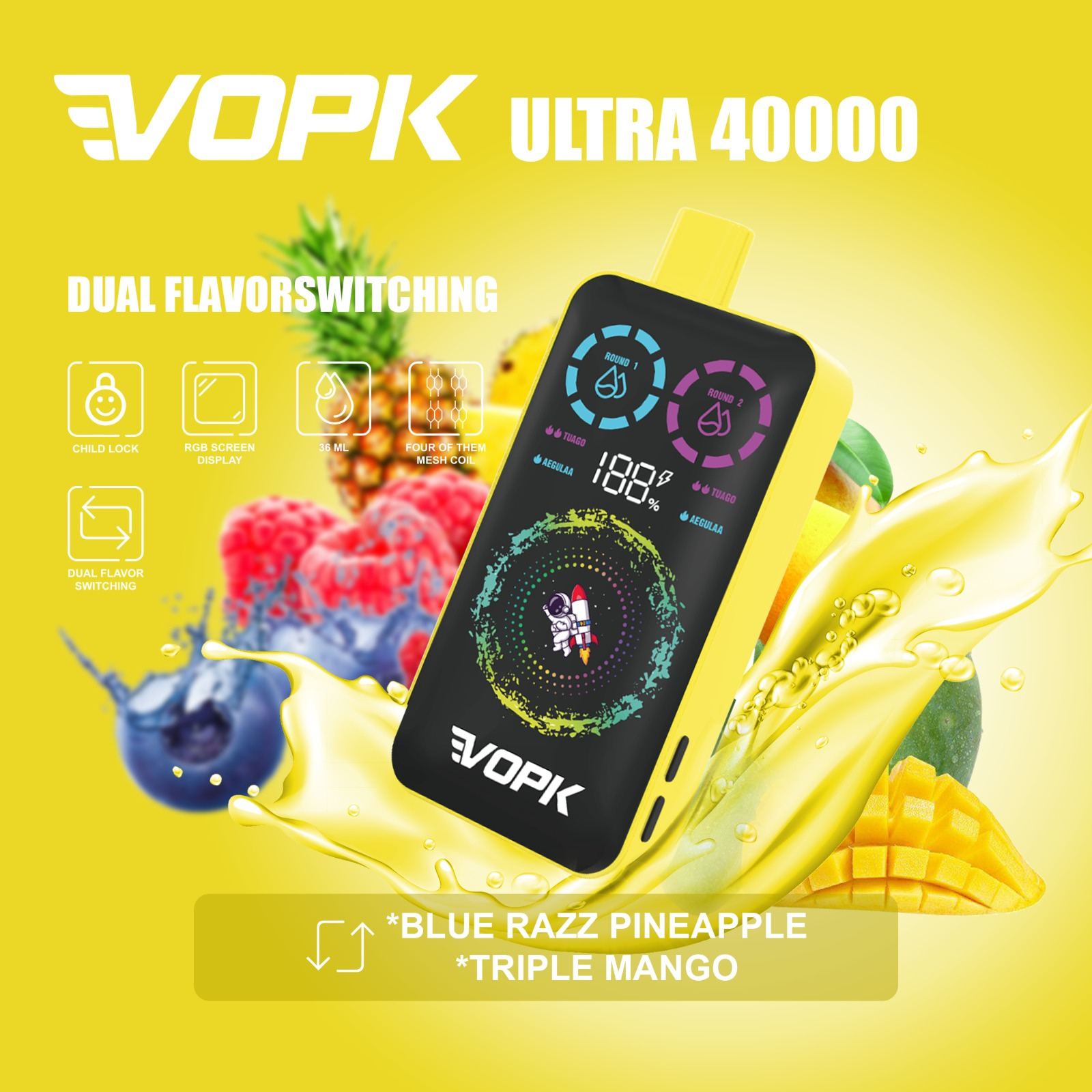 VOPK ULTRA 40000 Puffs Dual Flavors RGB Screen Display Disposable Vape 2% 20mg 5% 50mg NIC