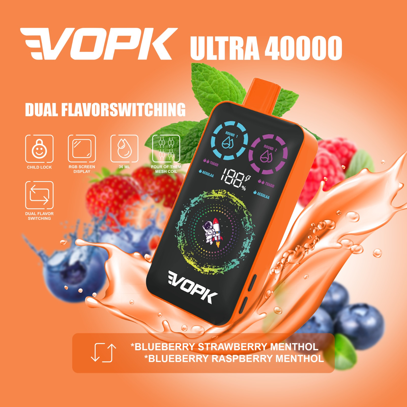 VOPK ULTRA 40000 Puffs Dual Flavors RGB Screen Display Disposable Vape 2% 20mg 5% 50mg NIC