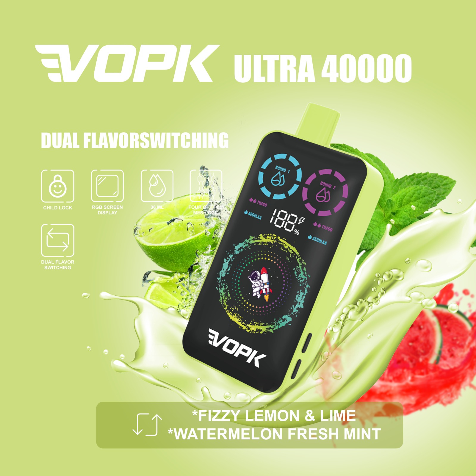 VOPK ULTRA 40000 Puffs Dual Flavors RGB Screen Display Disposable Vape 2% 20mg 5% 50mg NIC