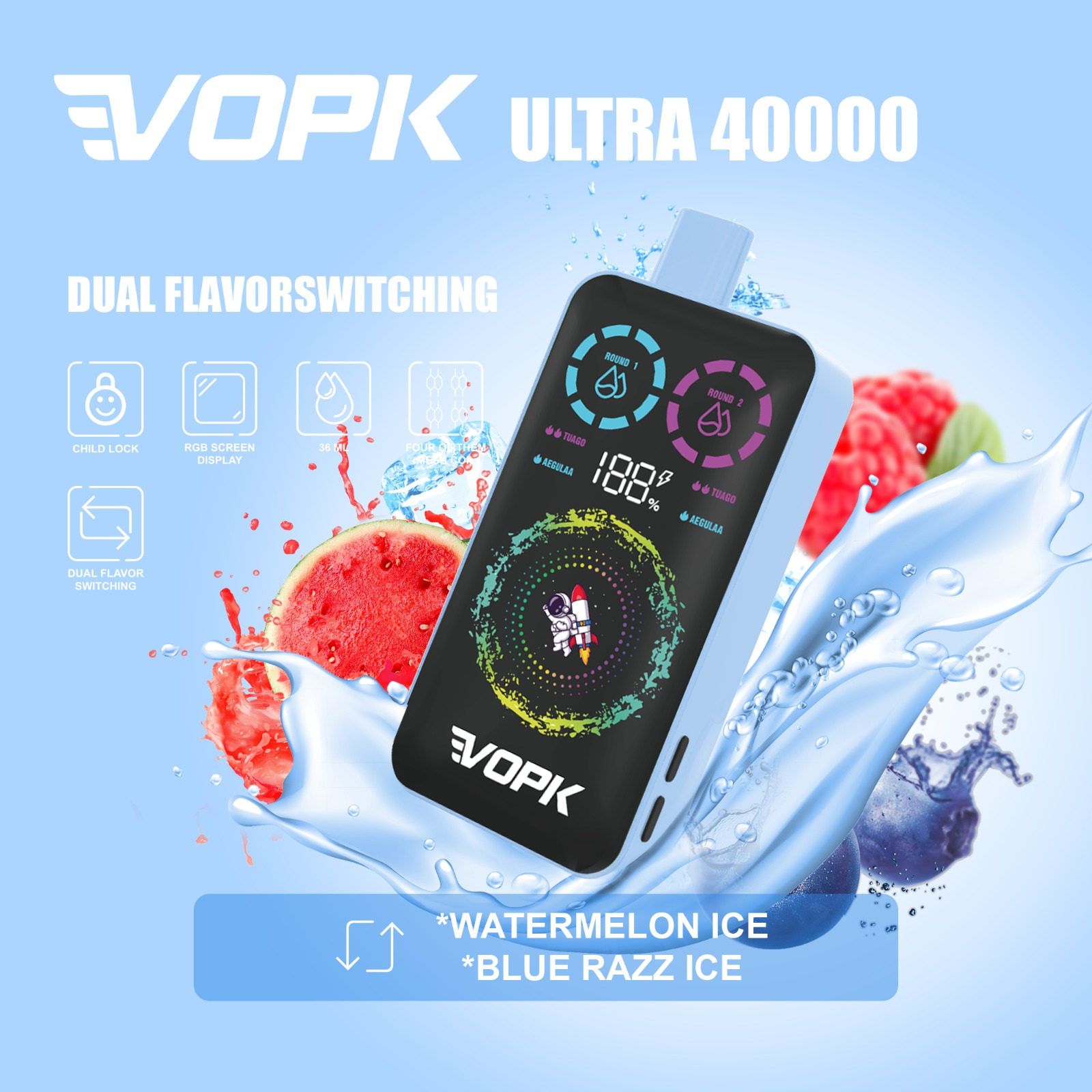 VOPK ULTRA 40000 Puffs Dual Flavors RGB Screen Display Disposable Vape 2% 20mg 5% 50mg NIC