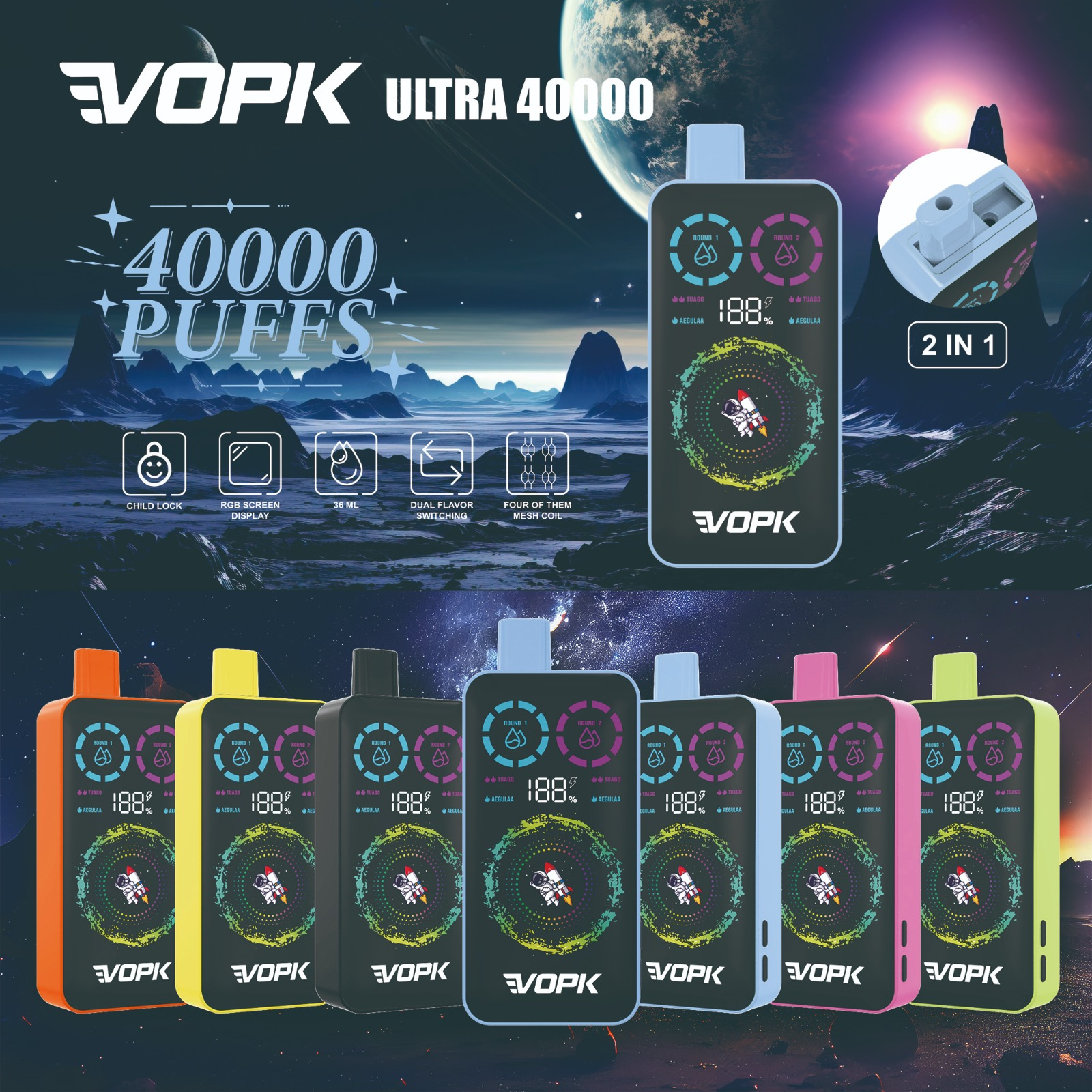 VOPK ULTRA 40000 Puffs Dual Flavors RGB Screen Display Disposable Vape 2% 20mg 5% 50mg NIC