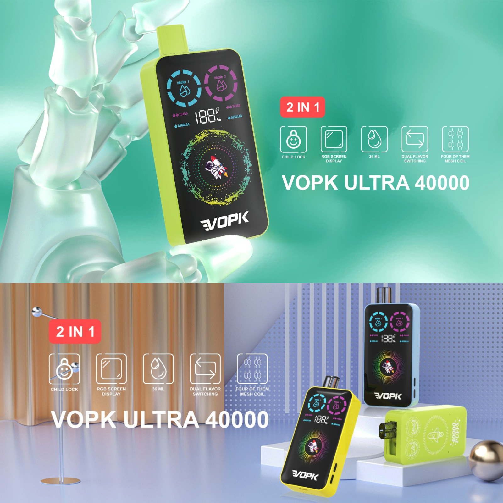 VOPK ULTRA 40000 Puffs Dual Flavors RGB Screen Display Disposable Vape 2% 20mg 5% 50mg NIC