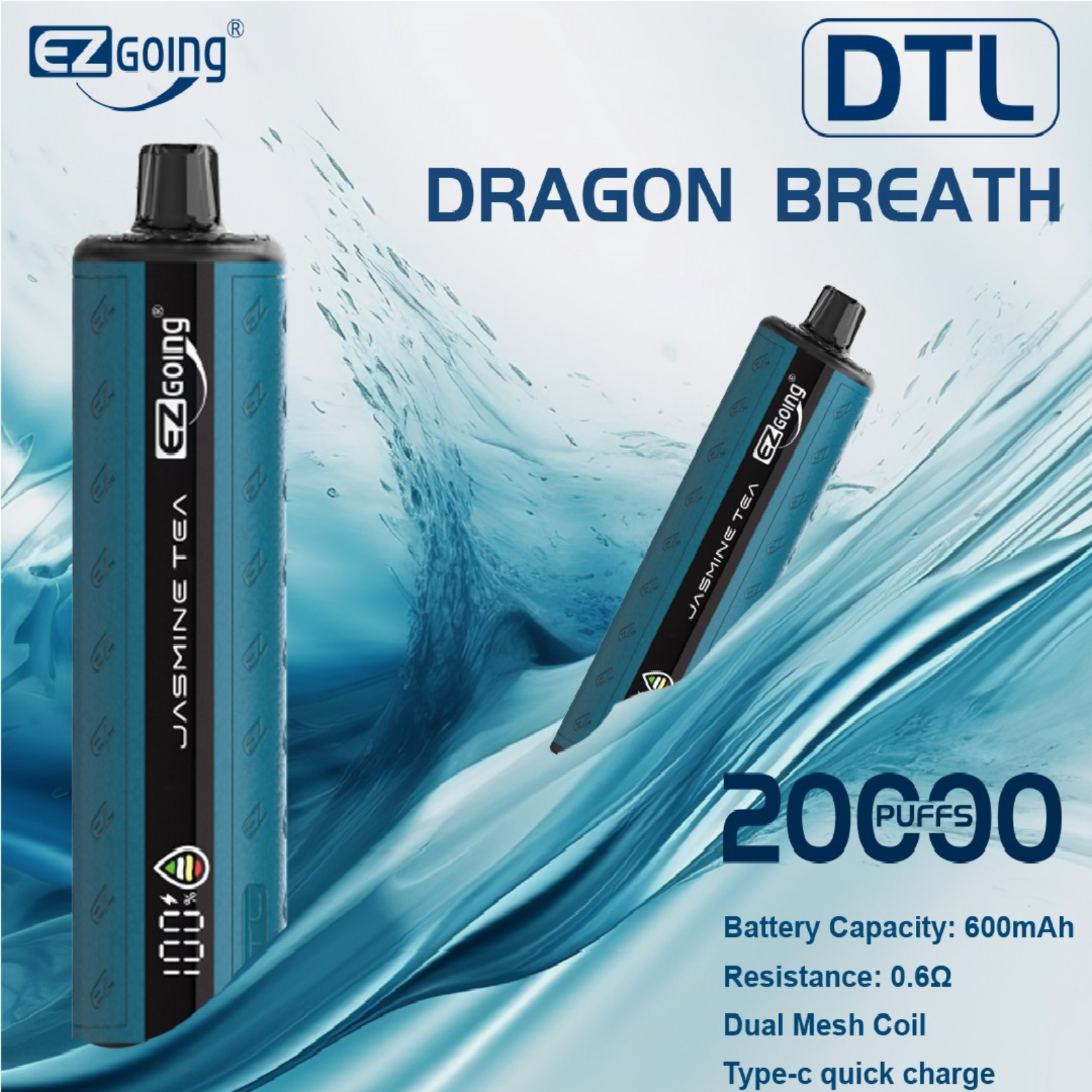 EZ GOING DTL Shisha Hookah 20000 Puffs Adjustable Airflow Disposable Vape 0.5% 5mg NIC