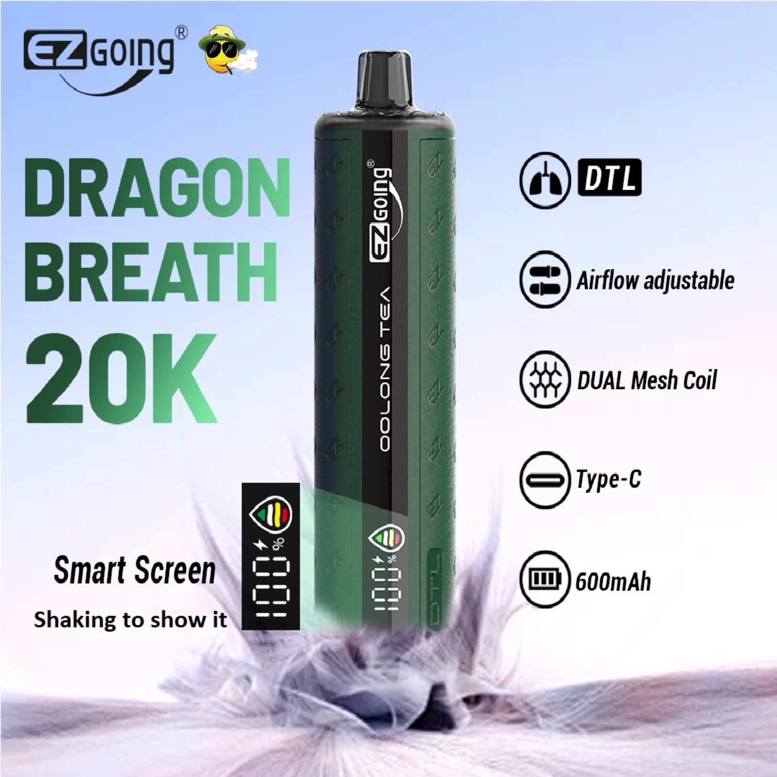 EZ GOING DTL Shisha Hookah 20000 Puffs Adjustable Airflow Disposable Vape 0.5% 5mg NIC