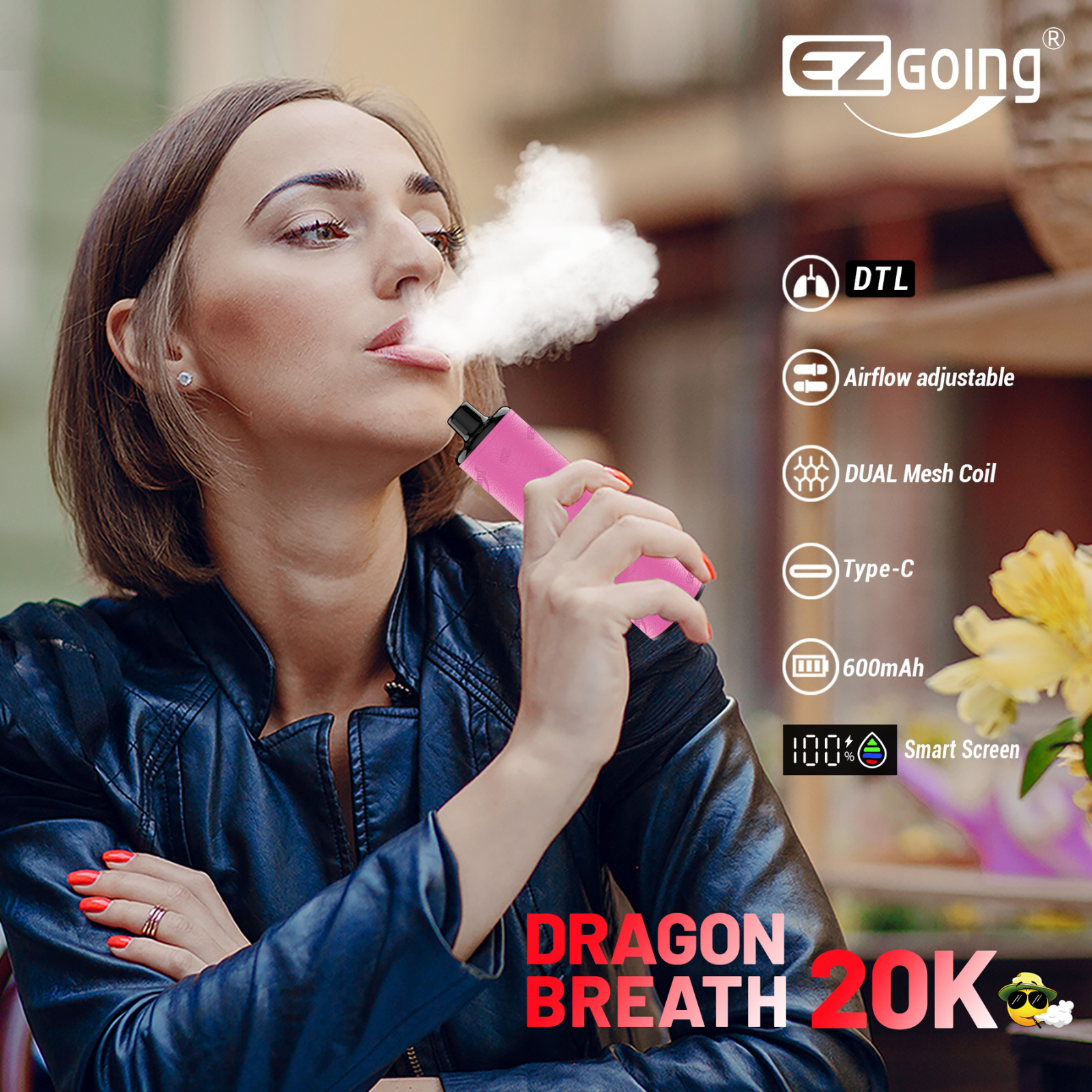 EZ GOING DTL Shisha Hookah 20000 Puffs Adjustable Airflow Disposable Vape 0.5% 5mg NIC