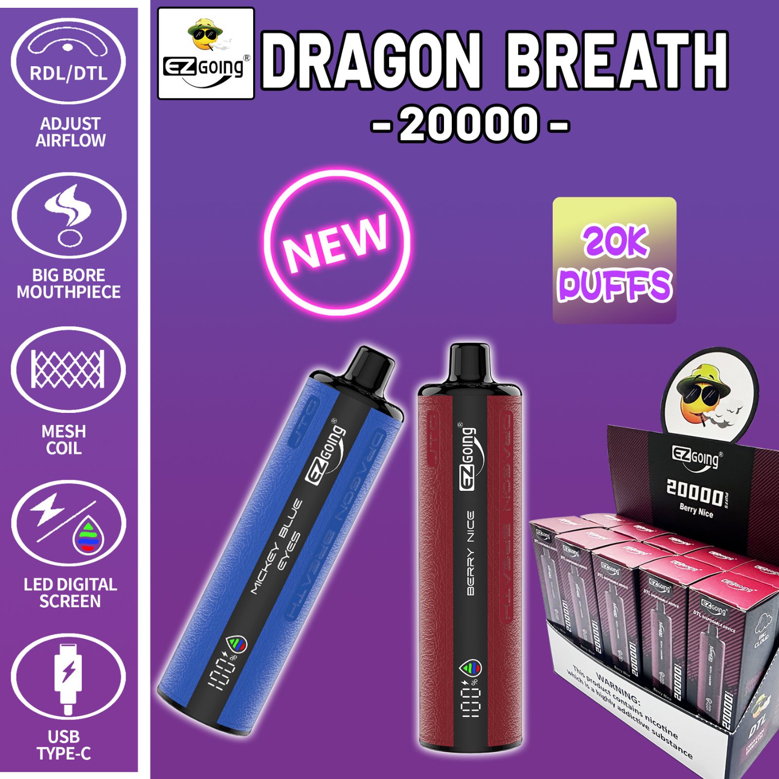 EZ GOING DTL Shisha Hookah 20000 Puffs Adjustable Airflow Disposable Vape 0.5% 5mg NIC