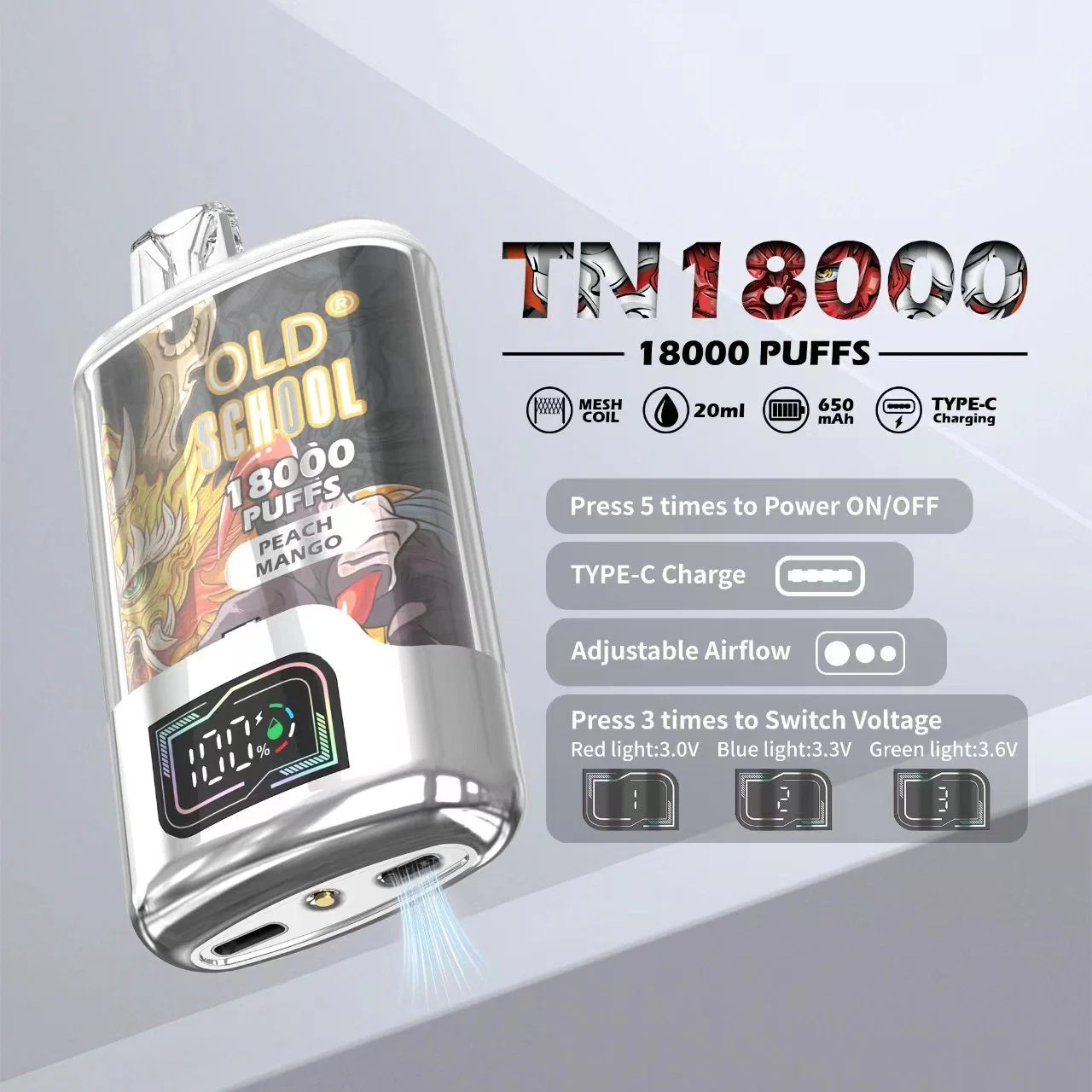 Old School TN 18000 Puffs Disposable Vape 5% 50mg Nic 5 Flavors