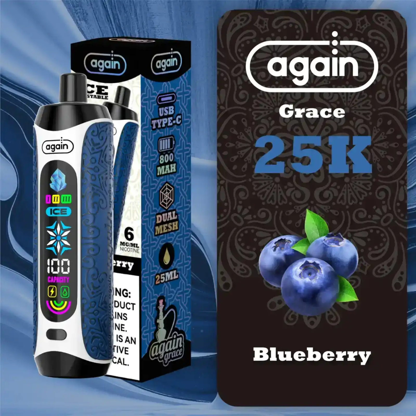 Again Grace 25000 Puffs Ice Control & Display Screen Disposable Vape 0.6% 6mg Nic