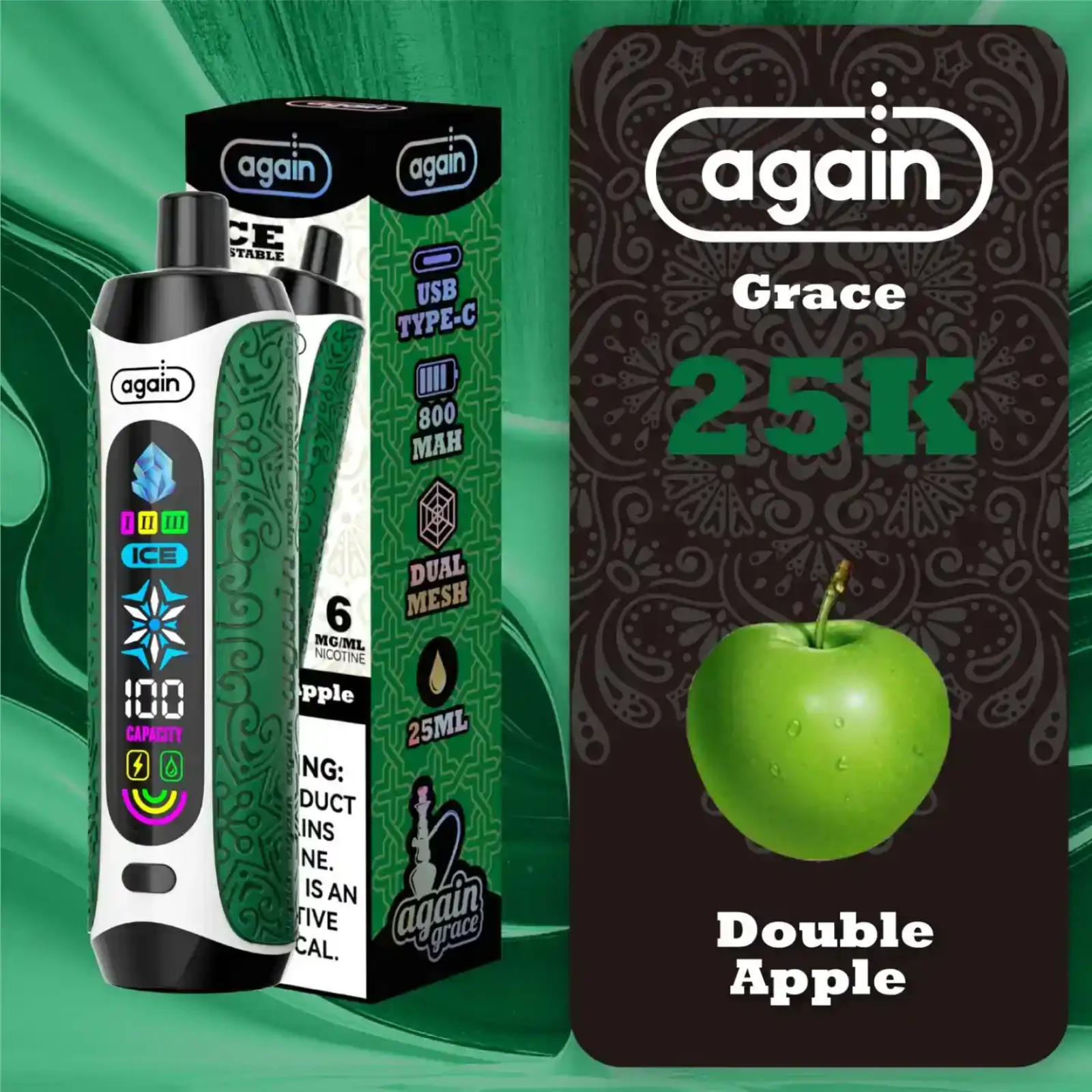 Again Grace 25000 Puffs Ice Control & Display Screen Disposable Vape 0.6% 6mg Nic
