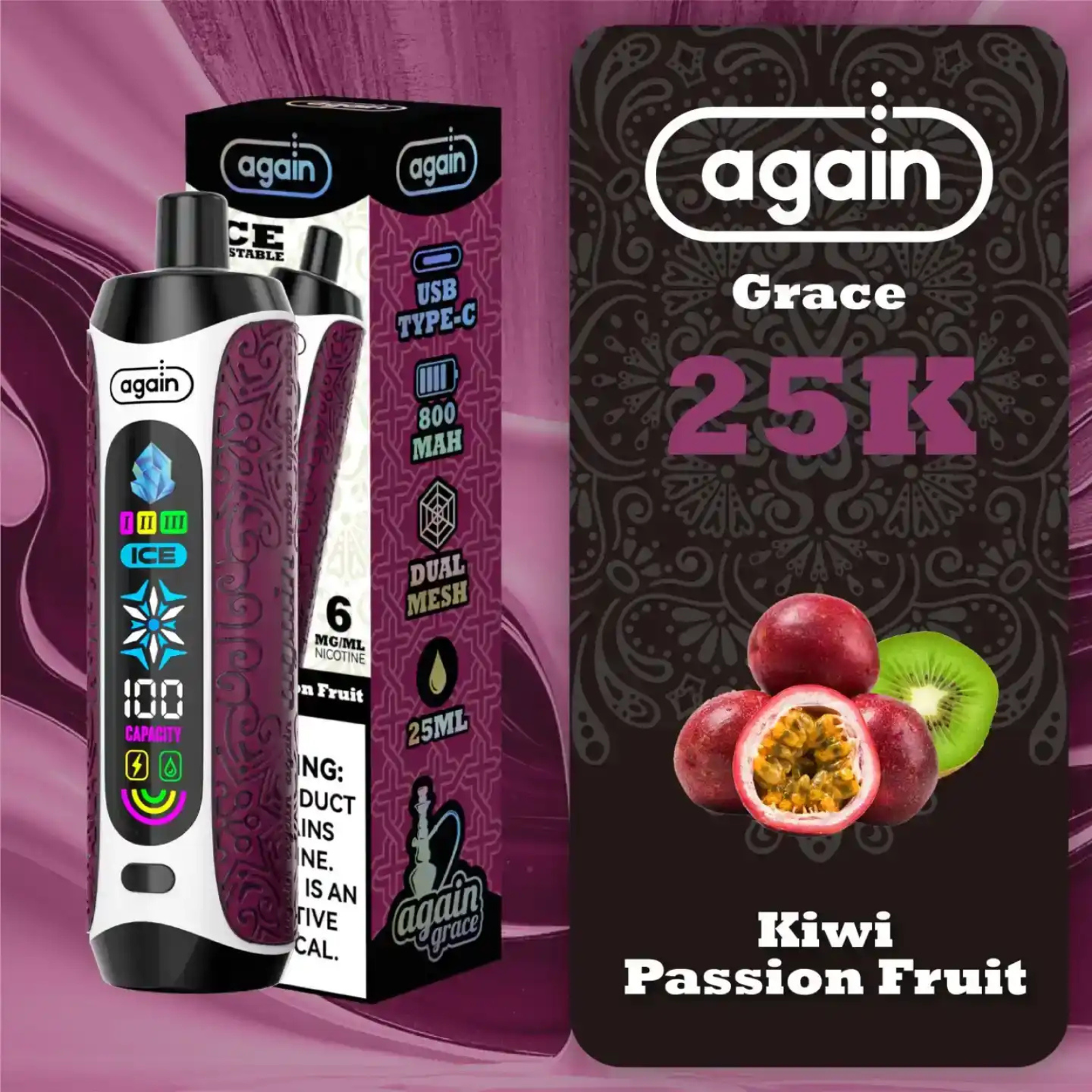 Again Grace 25000 Puffs Ice Control & Display Screen Disposable Vape 0.6% 6mg Nic
