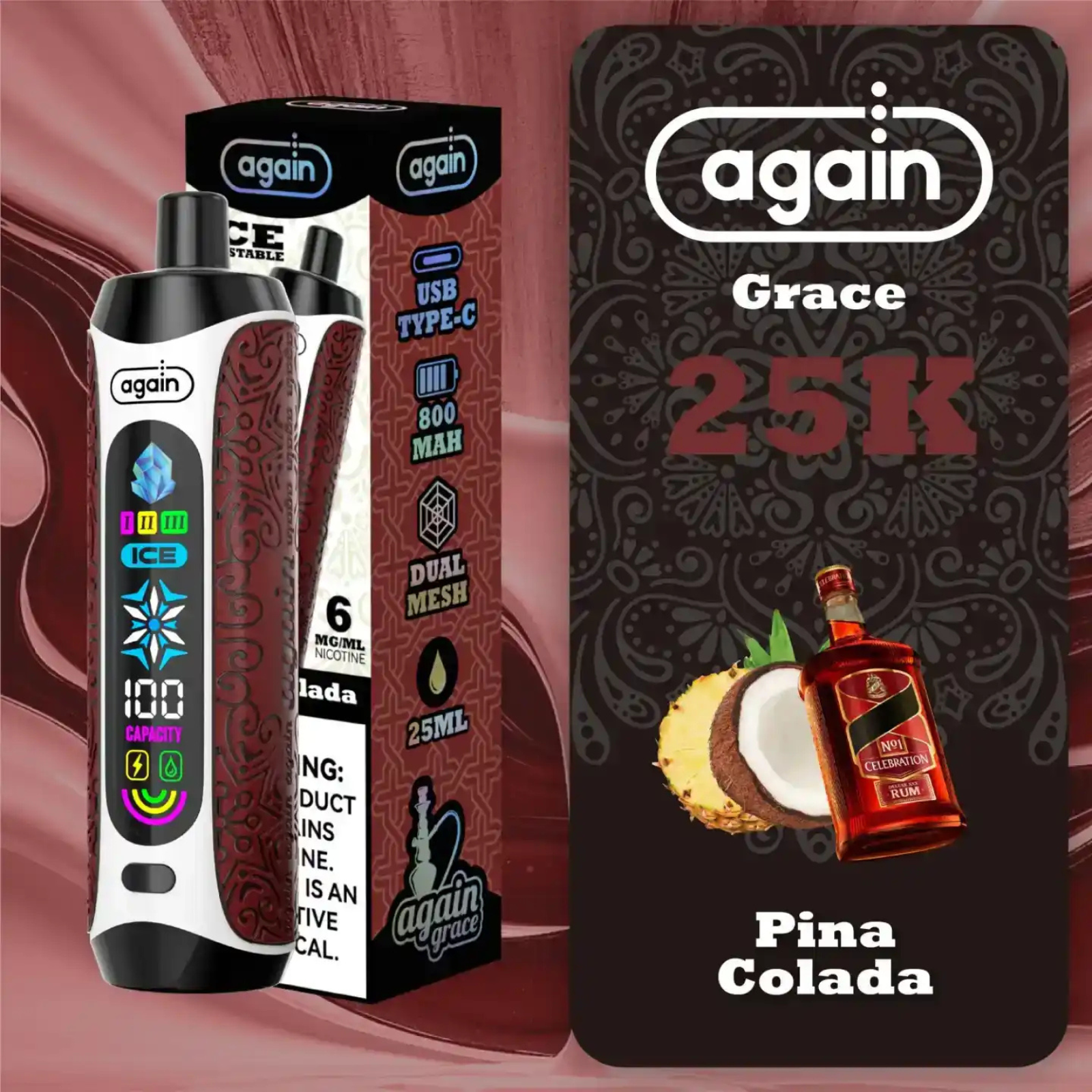Again Grace 25000 Puffs Ice Control & Display Screen Disposable Vape 0.6% 6mg Nic