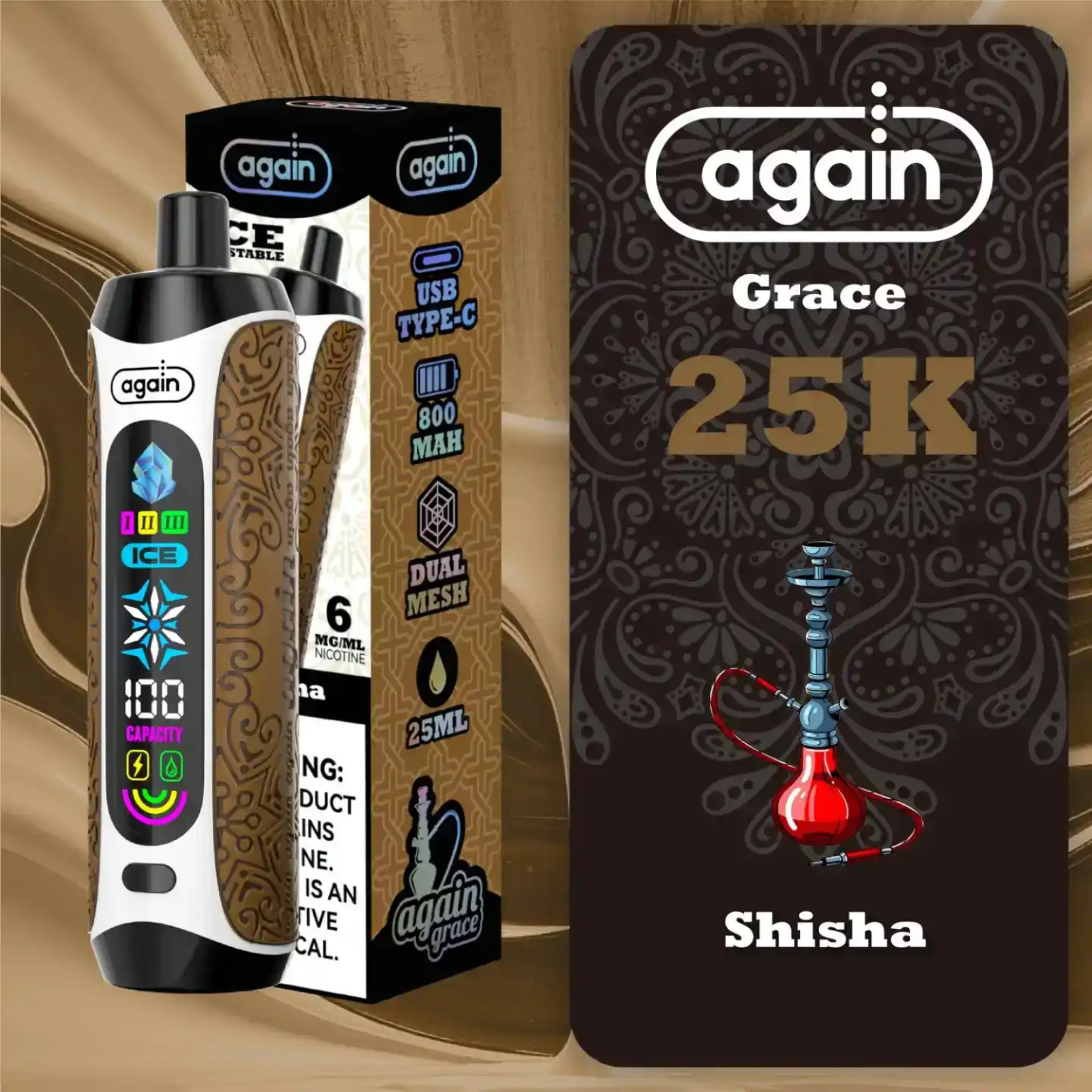 Again Grace 25000 Puffs Ice Control & Display Screen Disposable Vape 0.6% 6mg Nic