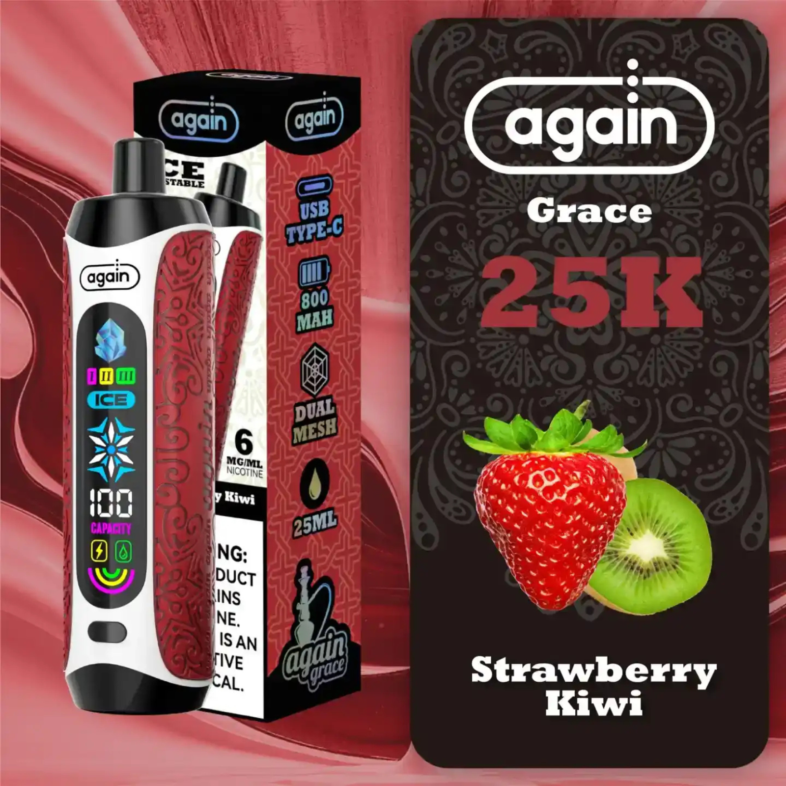 Again Grace 25000 Puffs Ice Control & Display Screen Disposable Vape 0.6% 6mg Nic