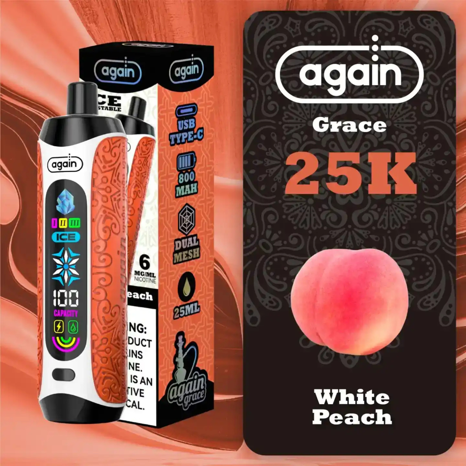 Again Grace 25000 Puffs Ice Control & Display Screen Disposable Vape 0.6% 6mg Nic