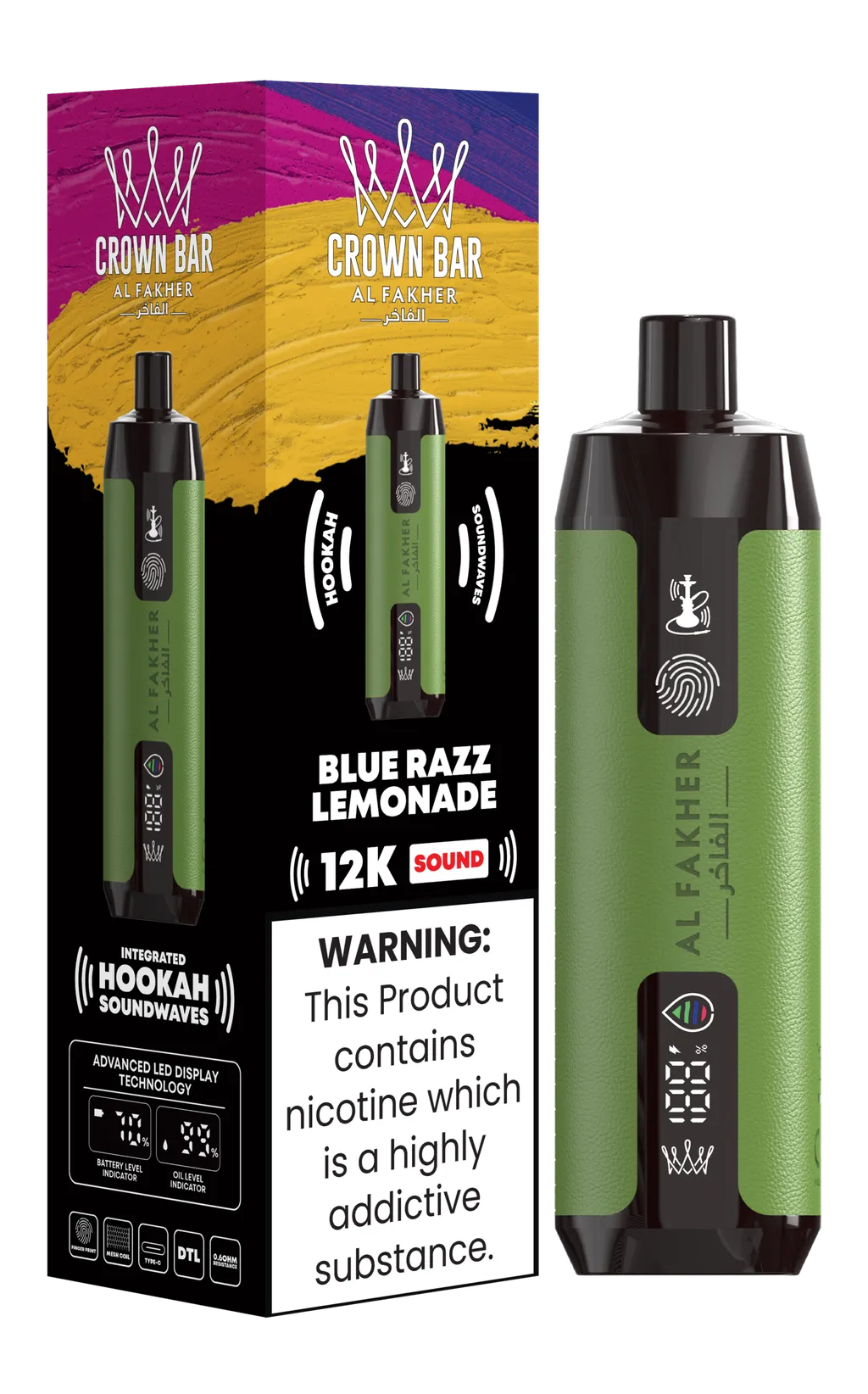 Al Fakher Crown Bar Shisha DTL 12000 Puffs Disposable Vape With Sound 0.5% 5mg Nic 9 Flavors