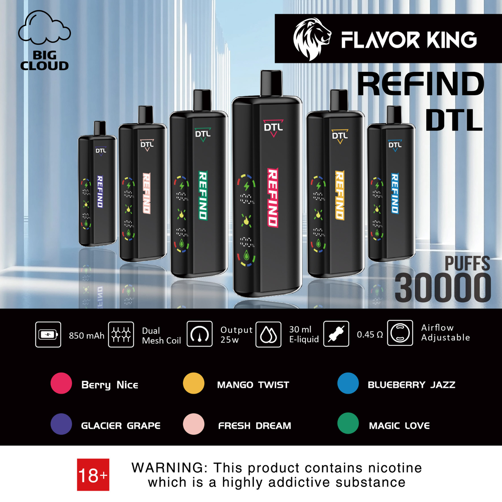 Flavor King Refind DTL Shisha Hookah 30000 Puffs Adjustable Airflow Disposable Vape 0.5% 5mg NIC