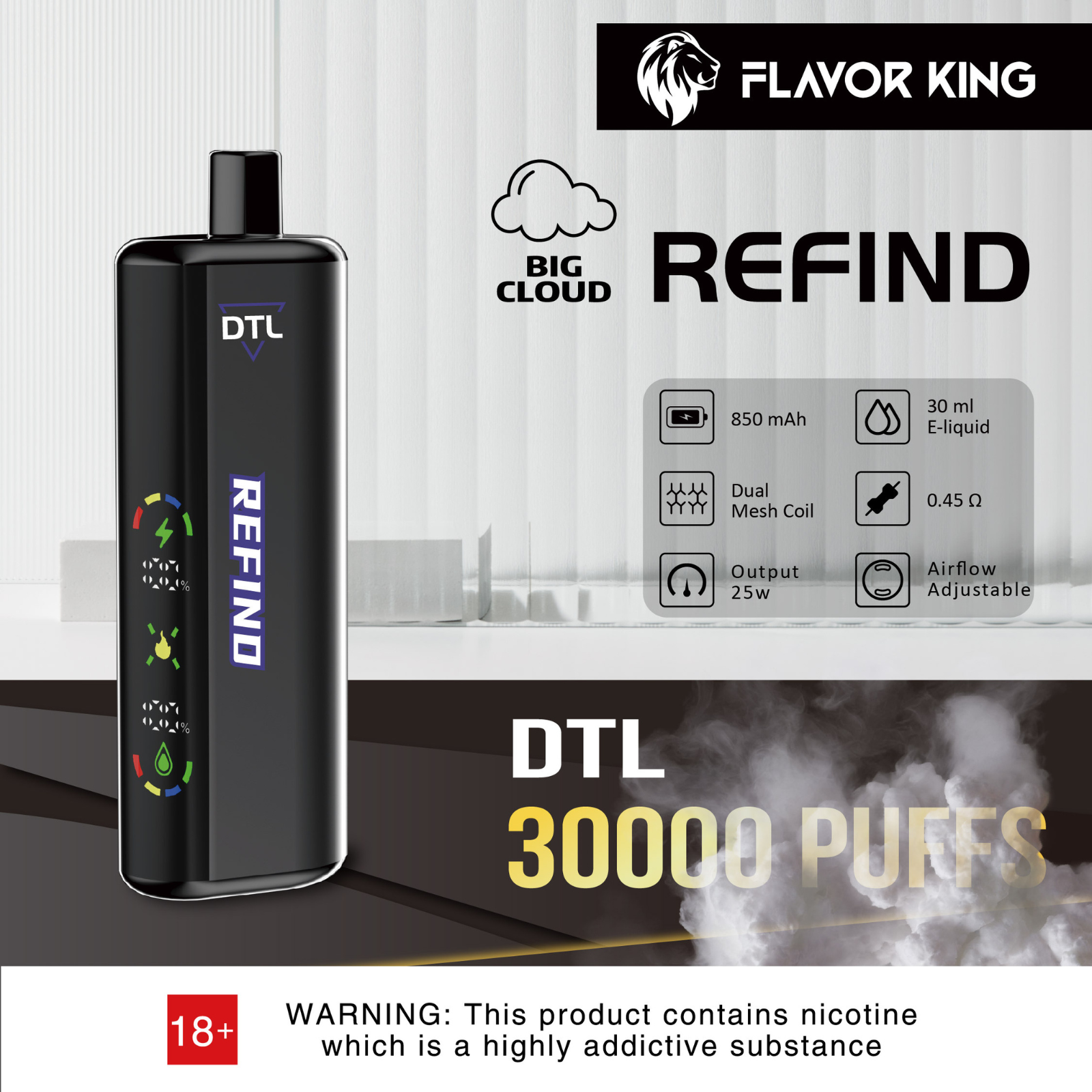 Flavor King Refind DTL Shisha Hookah 30000 Puffs Adjustable Airflow Disposable Vape 0.5% 5mg NIC