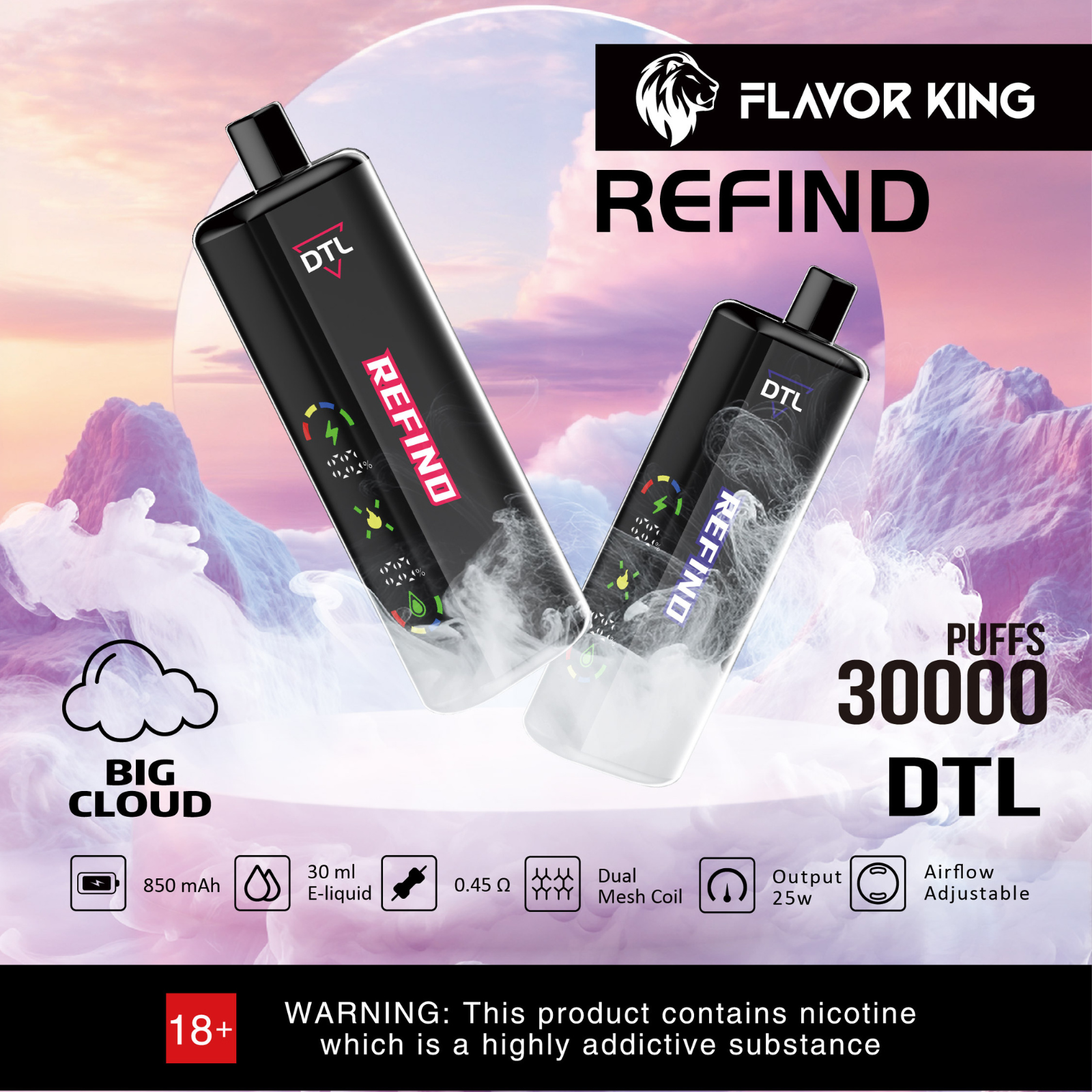 Flavor King Refind DTL Shisha Hookah 30000 Puffs Adjustable Airflow Disposable Vape 0.5% 5mg NIC