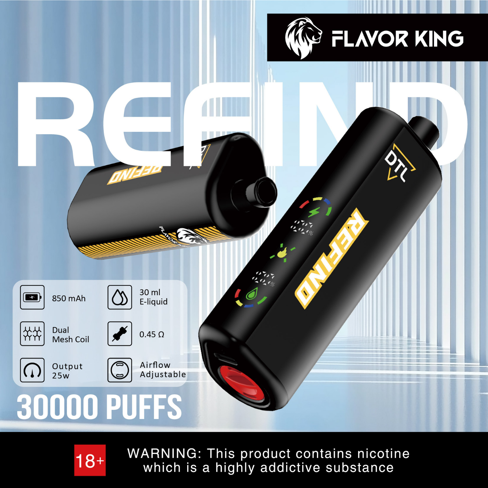 Flavor King Refind DTL Shisha Hookah 30000 Puffs Adjustable Airflow Disposable Vape 0.5% 5mg NIC