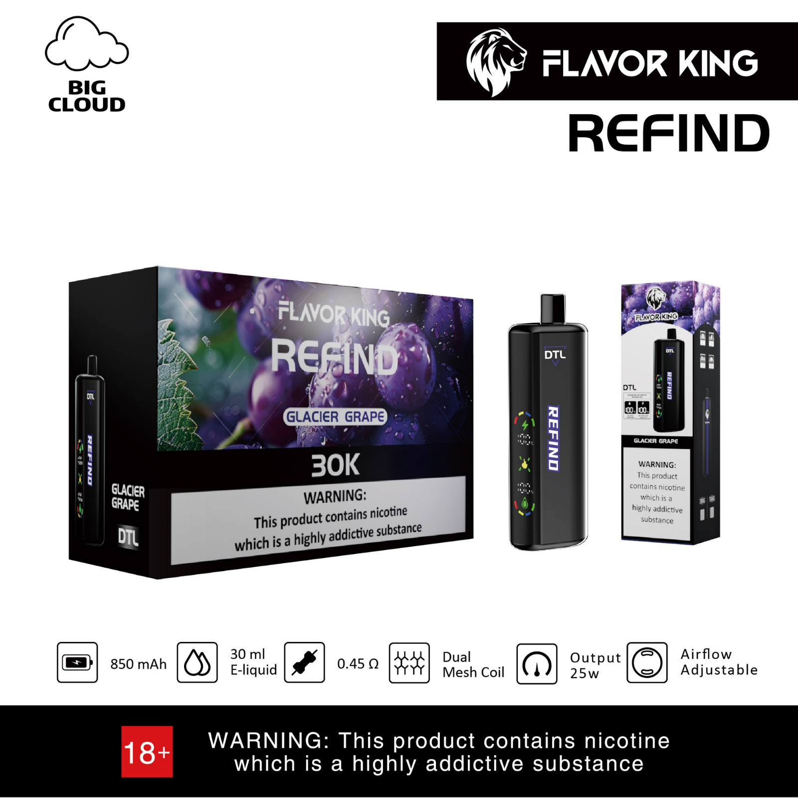 Flavor King Refind DTL Shisha Hookah 30000 Puffs Adjustable Airflow Disposable Vape 0.5% 5mg NIC
