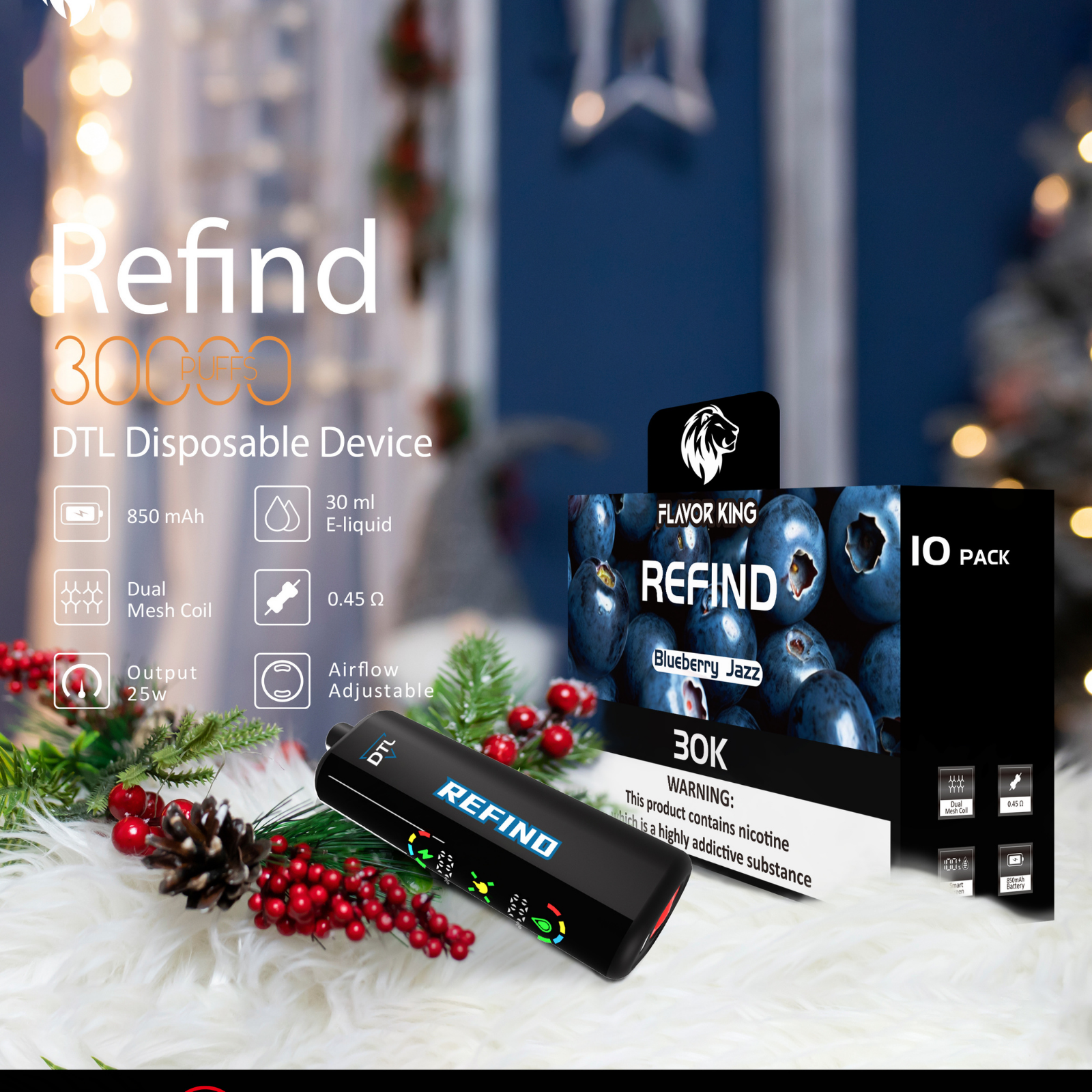 Flavor King Refind DTL Shisha Hookah 30000 Puffs Adjustable Airflow Disposable Vape 0.5% 5mg NIC