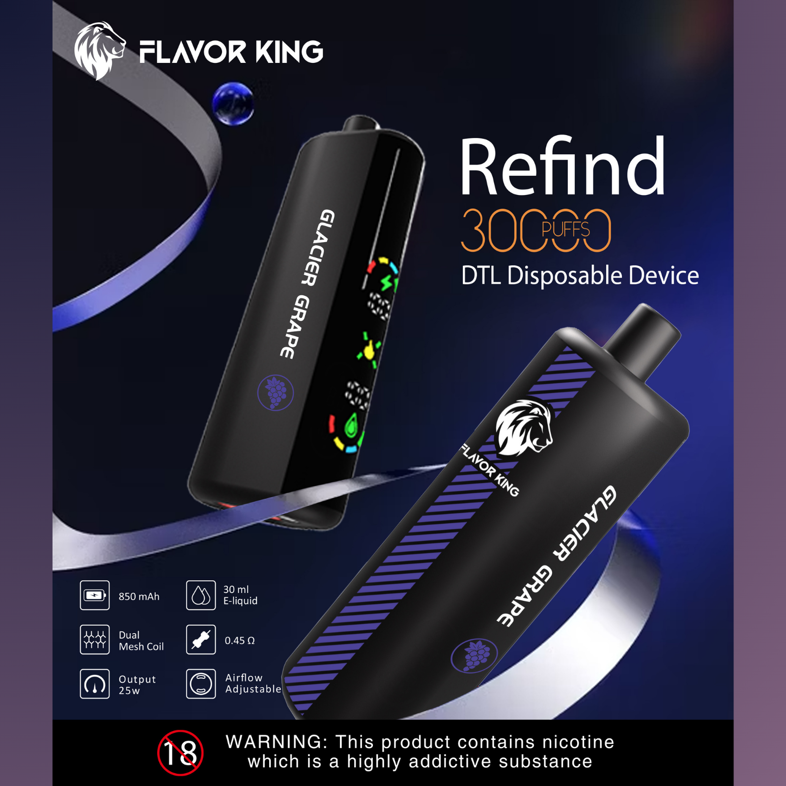 Flavor King Refind DTL Shisha Hookah 30000 Puffs Adjustable Airflow Disposable Vape 0.5% 5mg NIC