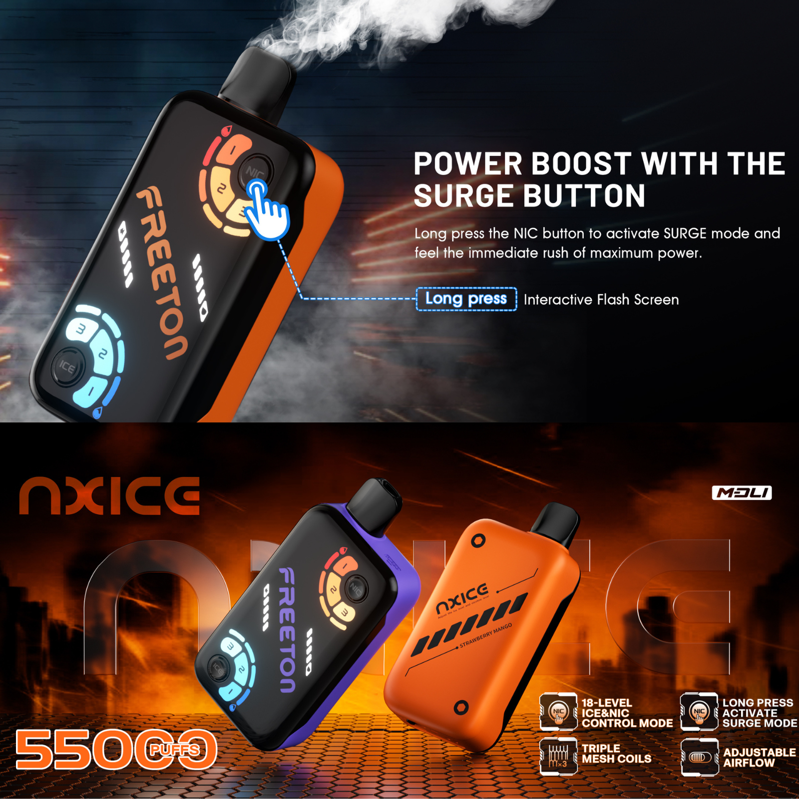 Freeton NXICE 55000 puffs 18-level Nicotine and Ice Control disposable vape 2% 20mg NIC