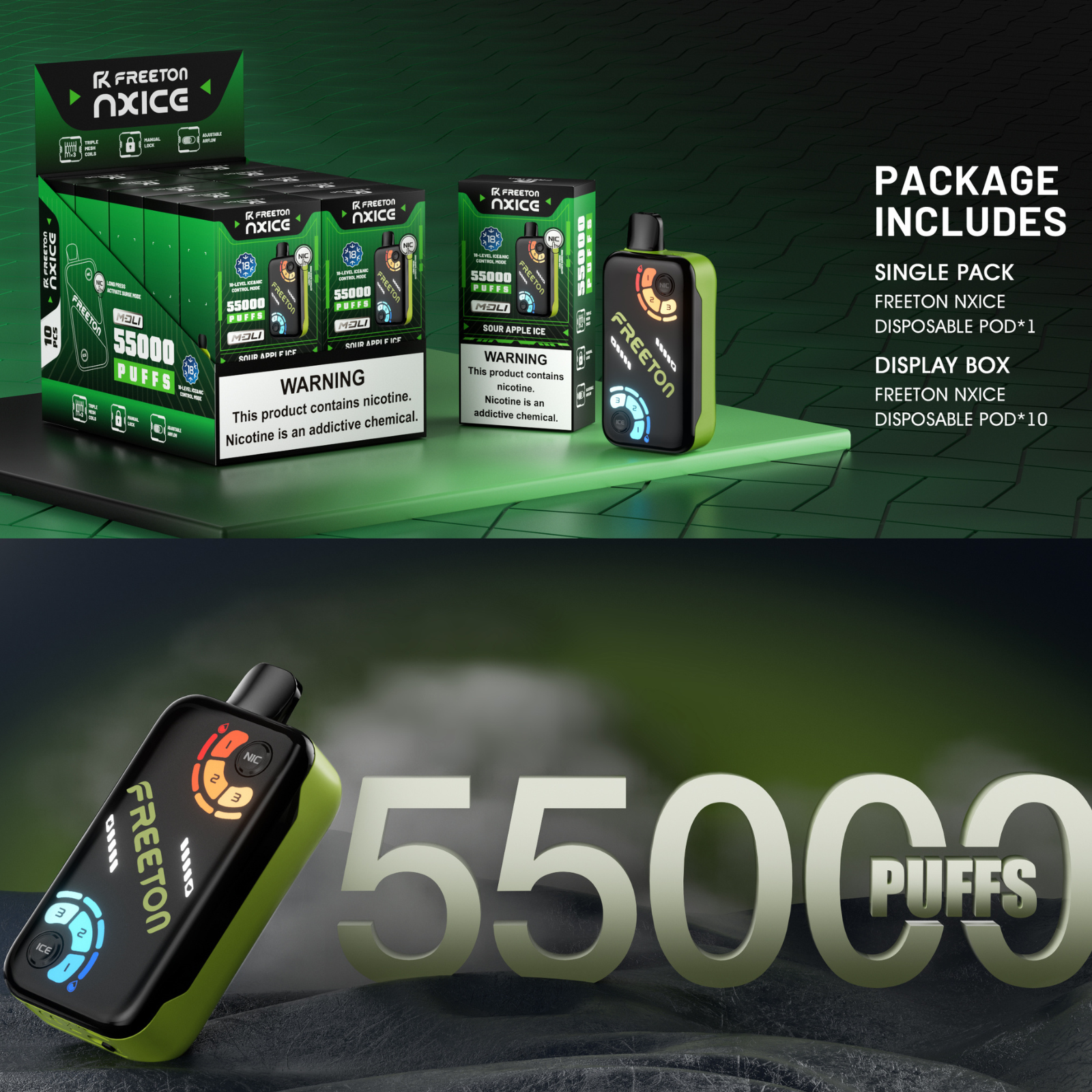 Freeton NXICE 55000 puffs 18-level Nicotine and Ice Control disposable vape 2% 20mg NIC