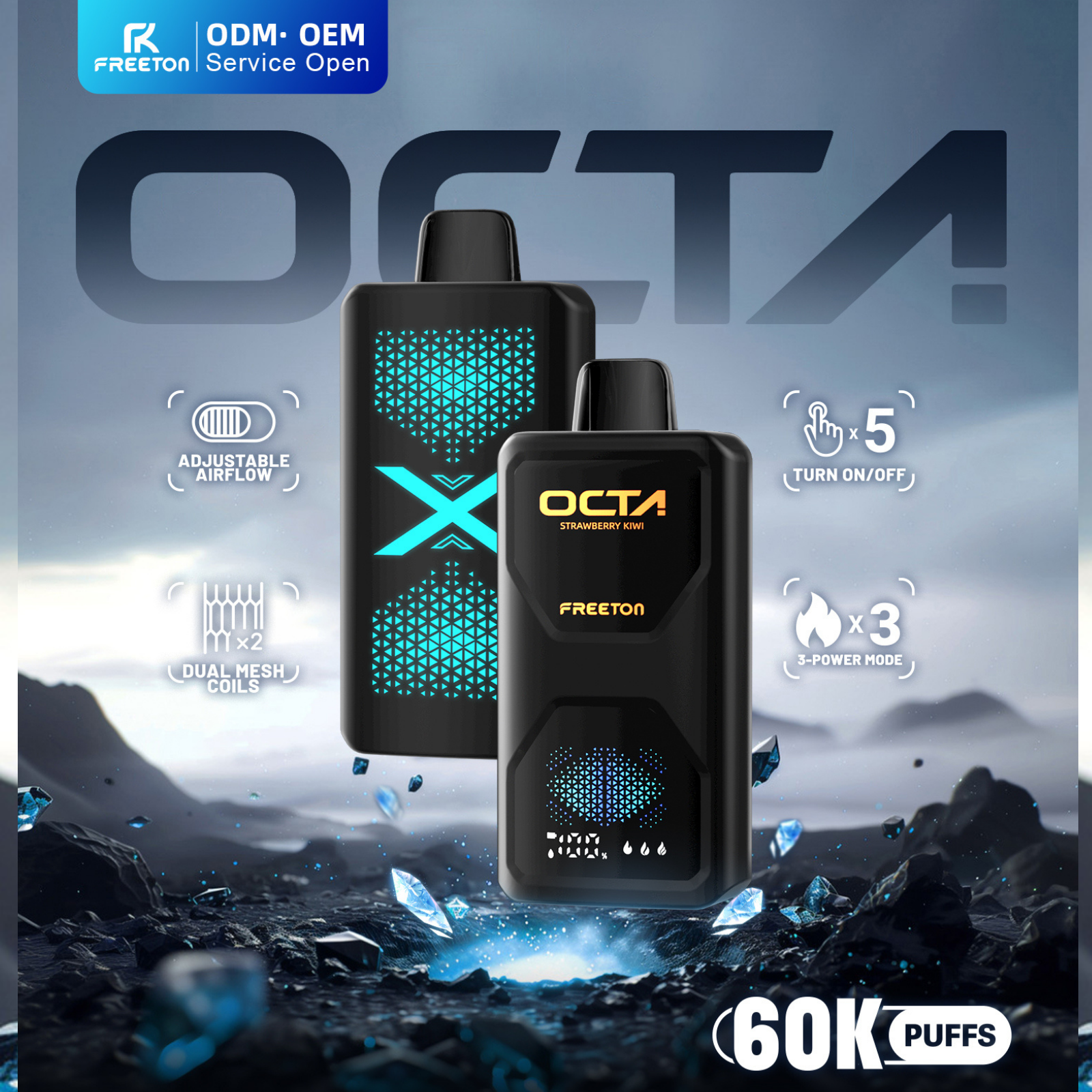 Freeton OCTA 60000 Puffs, 3 Power Modes, LED Display Disposable Vape 2% 20mg and 5% 50mg NIC