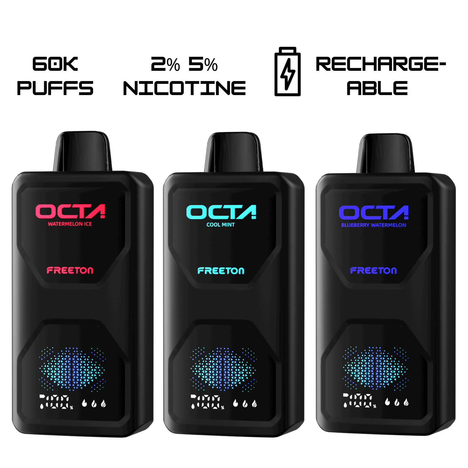Freeton OCTA 60000 Puffs, 3 Power Modes, LED Display Disposable Vape 2% 20mg and 5% 50mg NIC