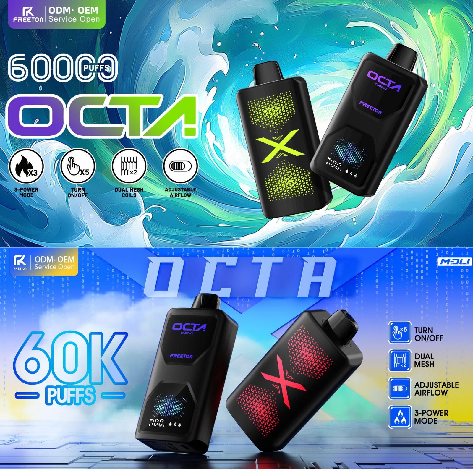 Freeton OCTA 60000 Puffs, 3 Power Modes, LED Display Disposable Vape 2% 20mg and 5% 50mg NIC