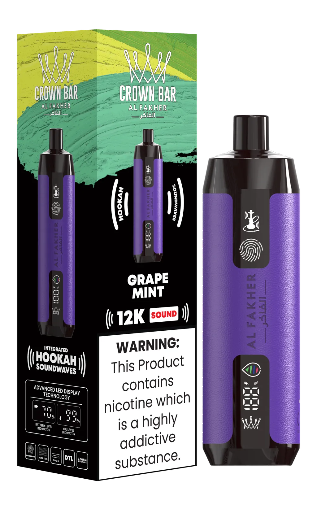 Al Fakher Crown Bar Shisha DTL 12000 Puffs Disposable Vape With Sound 0.5% 5mg Nic 9 Flavors